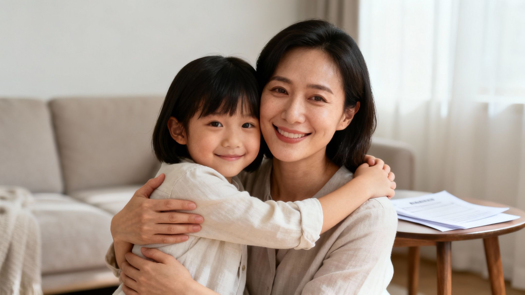 A smiling Asian mother and daughter embrace affectionately in a bright living room.