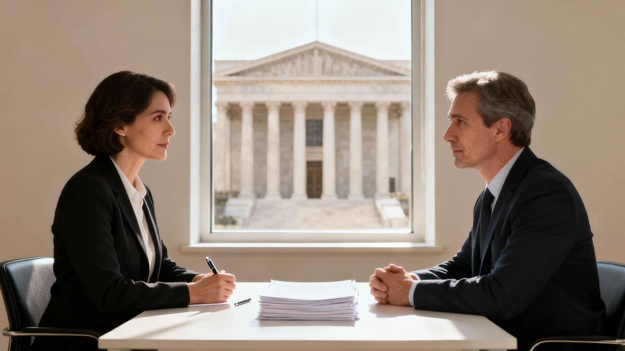 Two lawyers, a man and a woman, discuss documents at a desk with a courthouse visible outside.