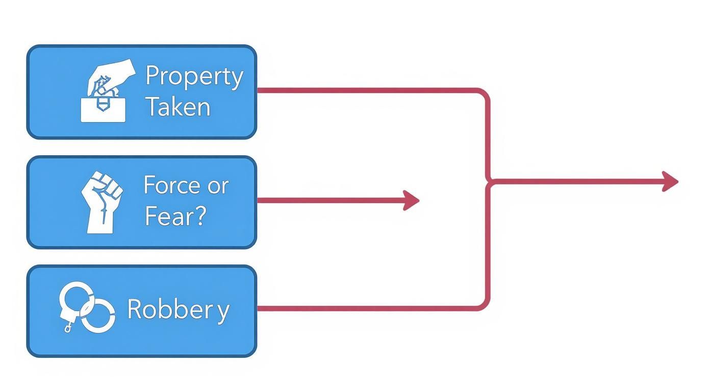 Flowchart illustrating the distinction between robbery and theft, featuring "Property Taken," "Force or Fear?" leading to "Robbery," relevant to Texas criminal law.