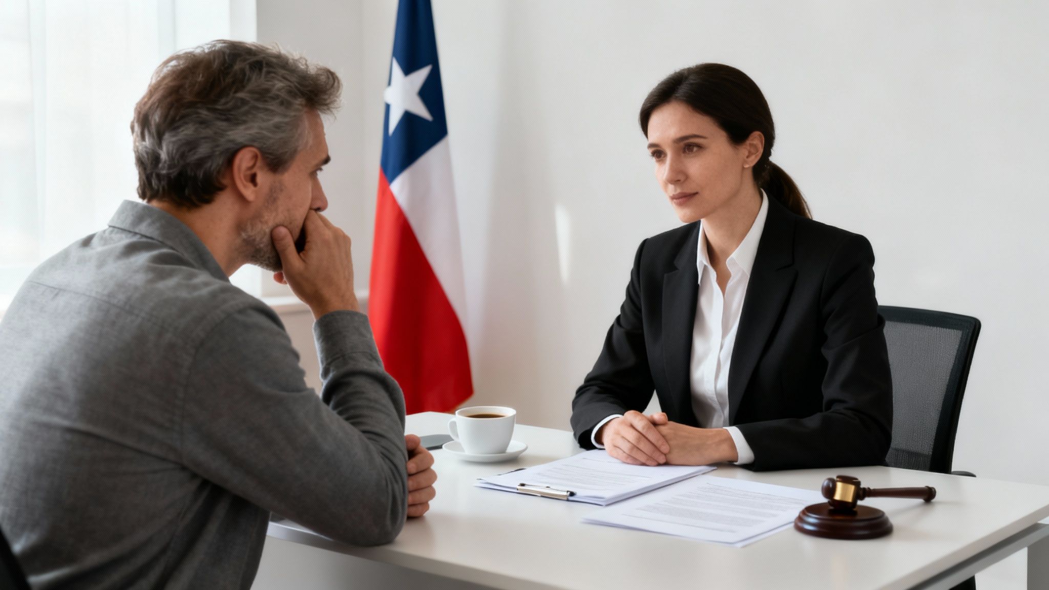 A man consults a female lawyer in an office, with a Chilean flag and gavel nearby.