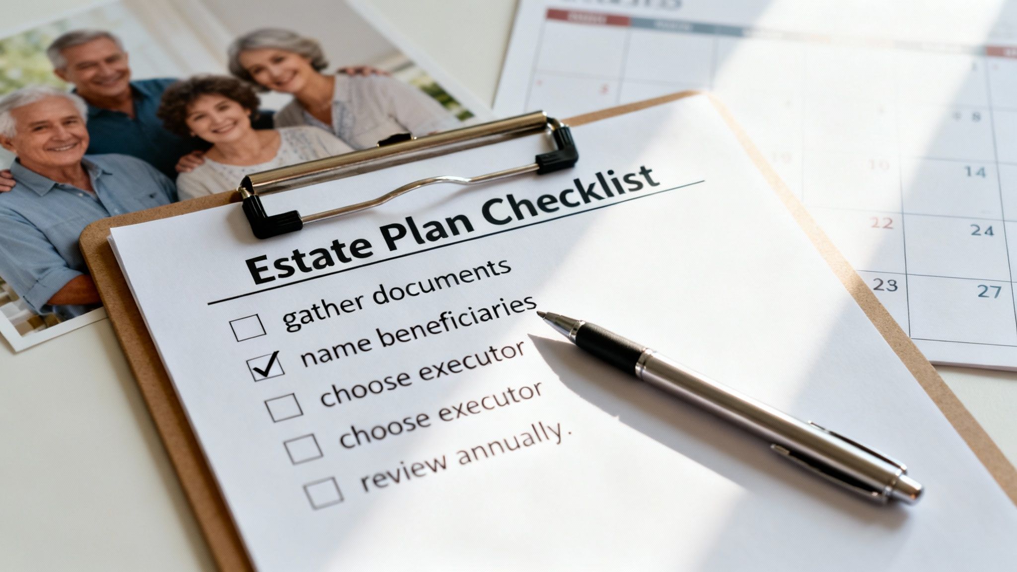 An Estate Plan Checklist on a clipboard with 'name beneficiaries' checked, a pen, and a photo of smiling seniors.