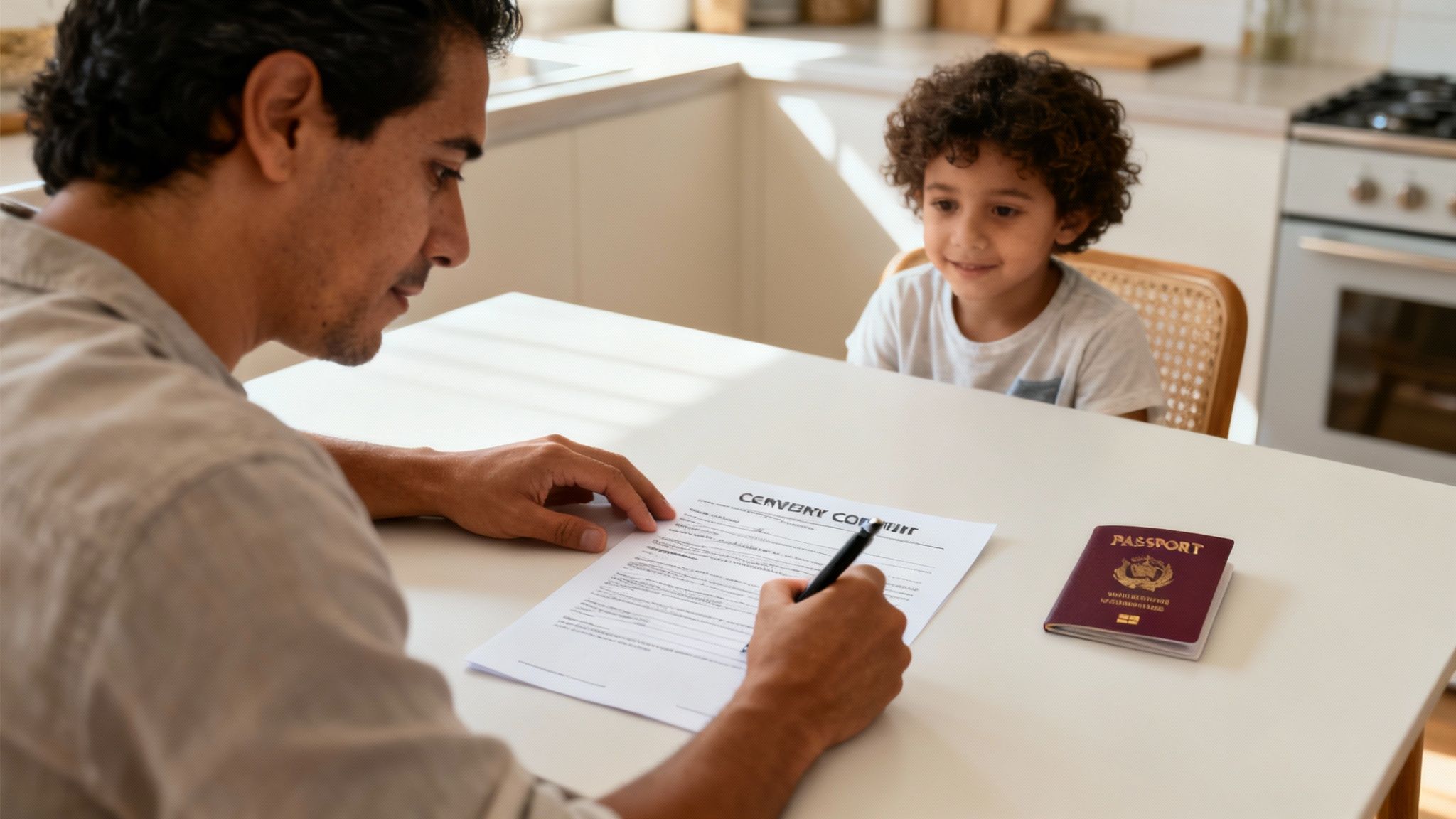 Padre e hijo en casa, el padre firma un documento importante junto a un pasaporte.