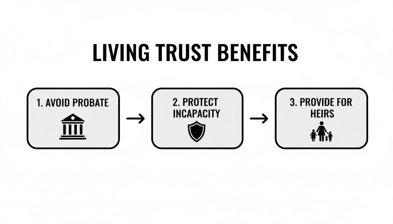 A diagram shows living trust benefits: avoid probate, protect incapacity, and provide for heirs.