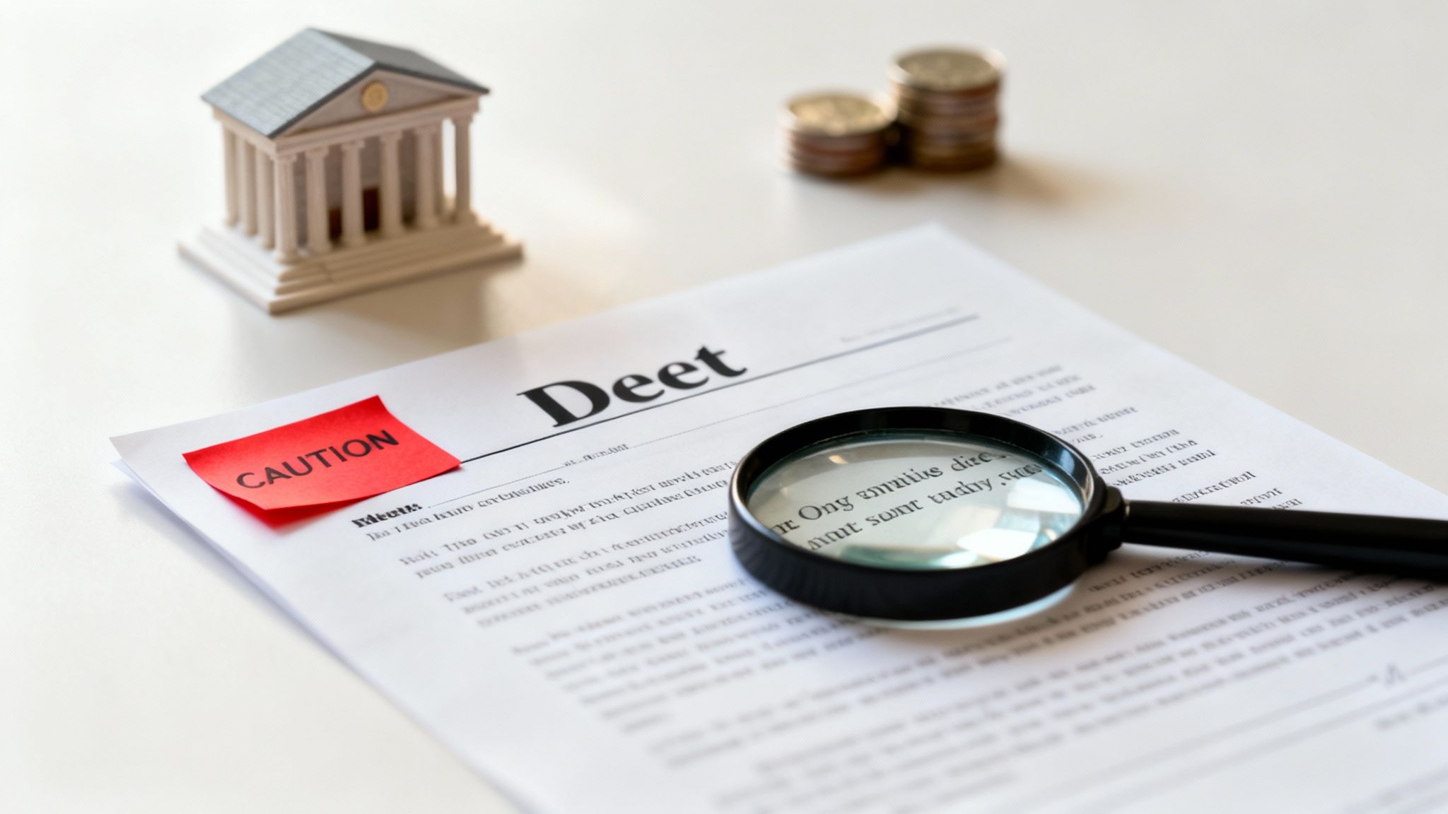 A document titled 'Deet' with a 'CAUTION' note, magnifying glass, bank model, and coins.