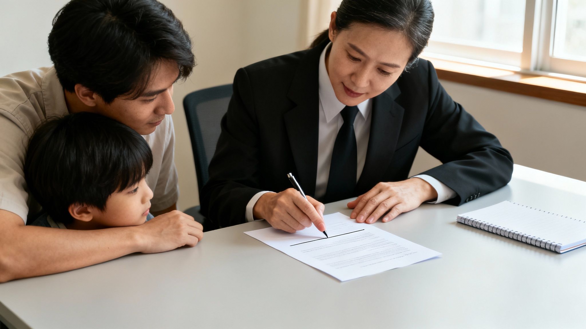 Professional woman in a suit signs a legal document at a desk, observed by a man and child.