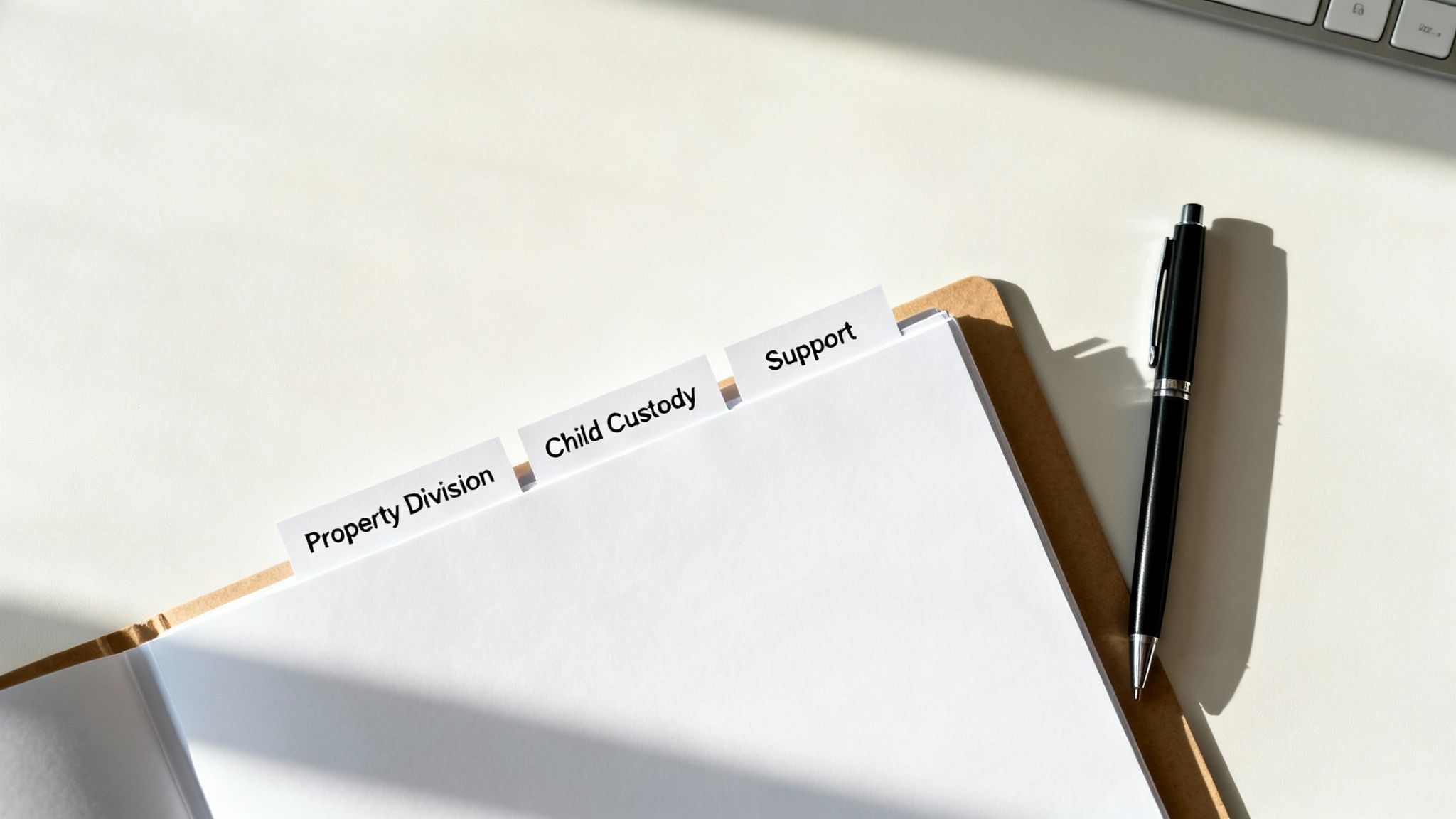 Folder with tabs labeled 'Property Division', 'Child Custody', and 'Support' beside a pen.