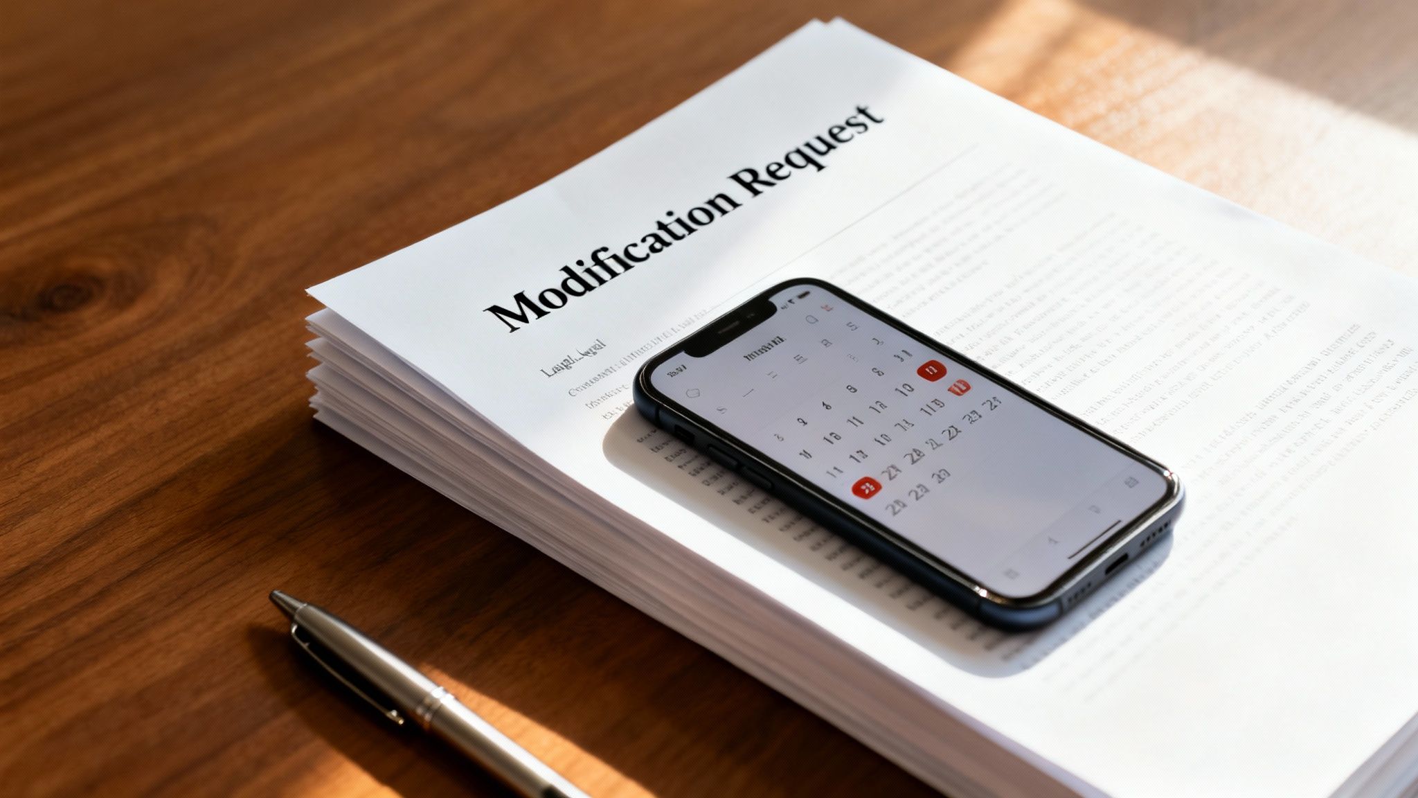 Modification Request document, smartphone calendar, and pen on a wooden desk.