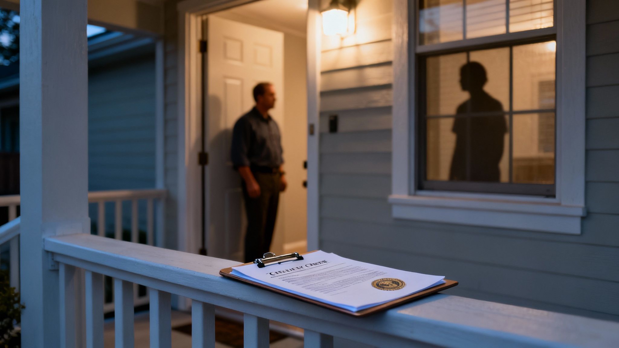 Clipboard with writ of possession document on porch railing, man standing at doorway, shadow visible in window, eviction context.