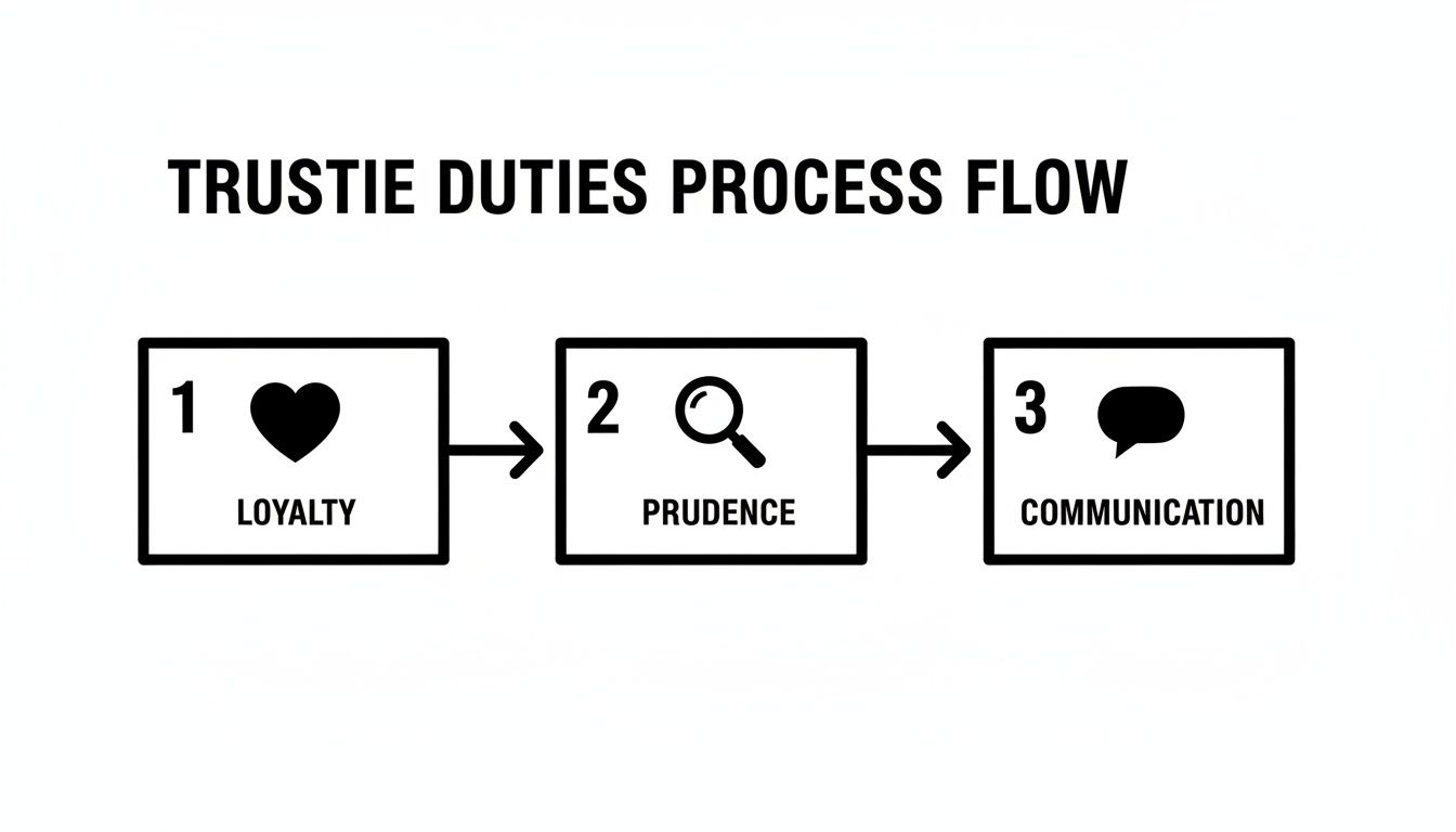 A process flow diagram illustrating trustee duties: Loyalty, Prudence, and Communication, with corresponding icons.