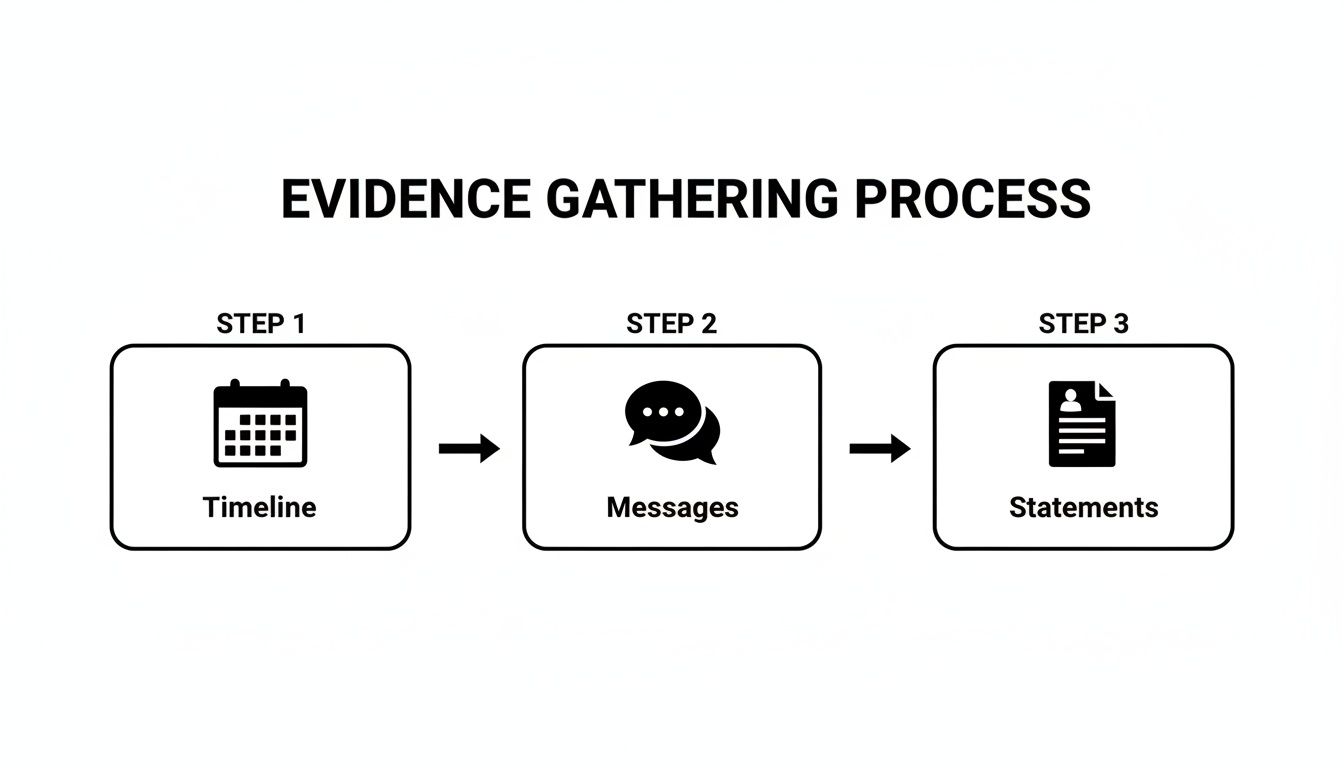 Flowchart illustrating the three-step evidence gathering process: Timeline, Messages, and Statements.