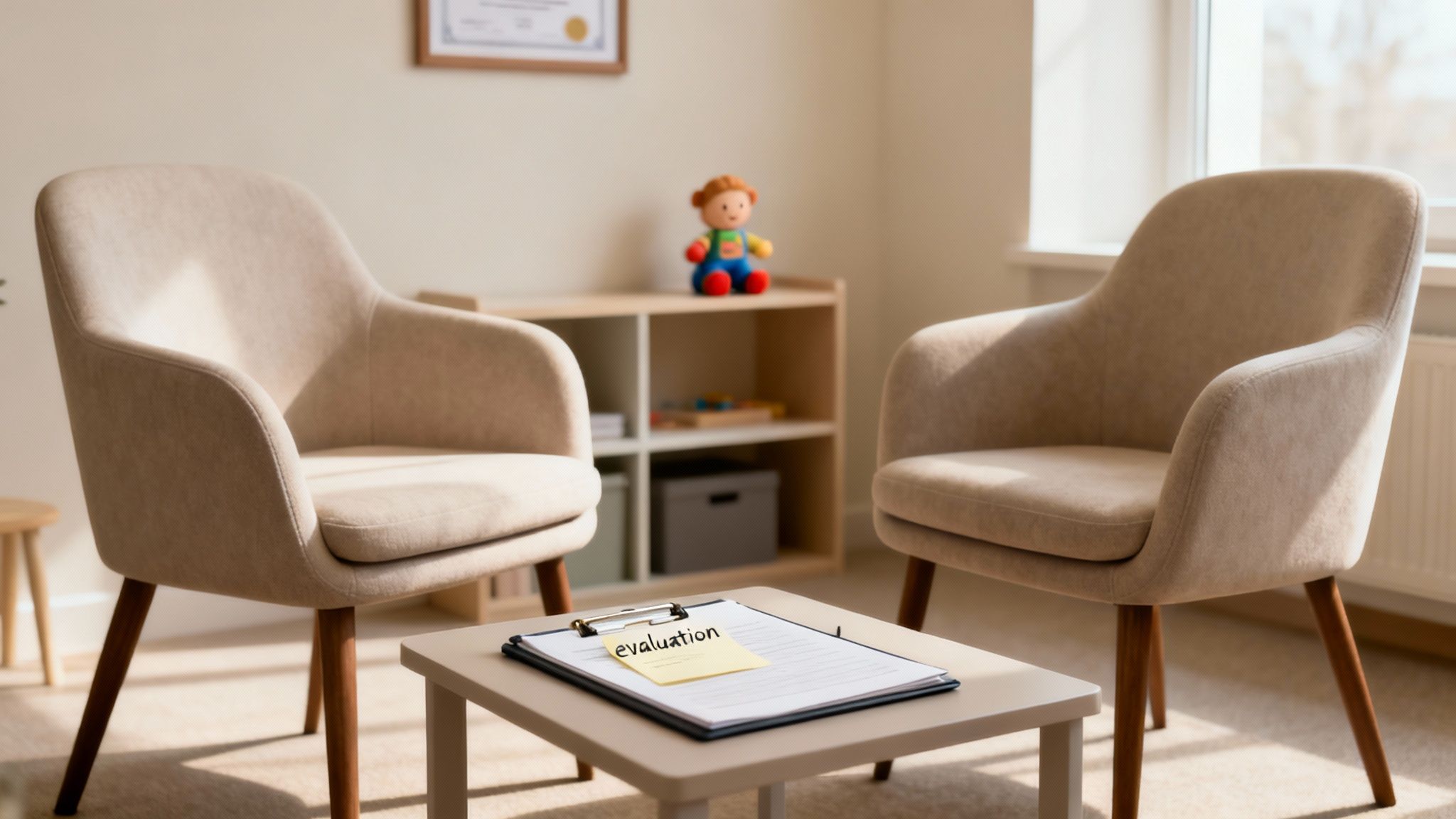 A calming therapy room with two armchairs, a table with an evaluation form, and a bookshelf.