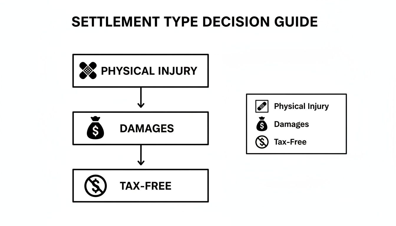 A settlement type decision guide flowchart showing that physical injury leads to damages, which are tax-free.
