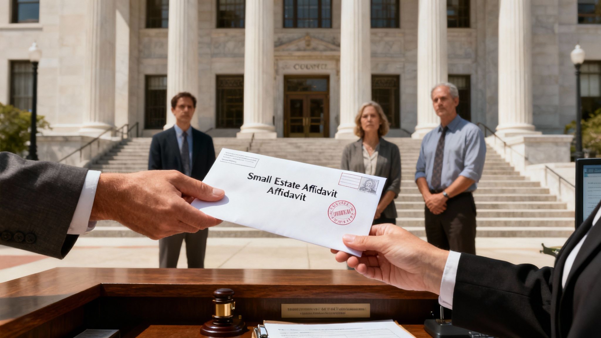 Hands exchanging a small estate affidavit document in front of a courthouse with people.