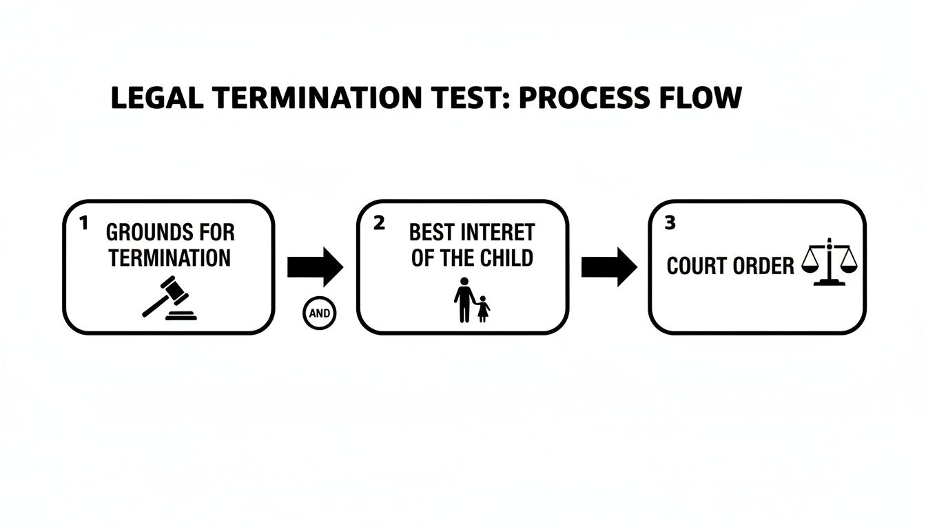 Flowchart illustrating the legal termination test process: grounds for termination, best interest of the child, and court order.