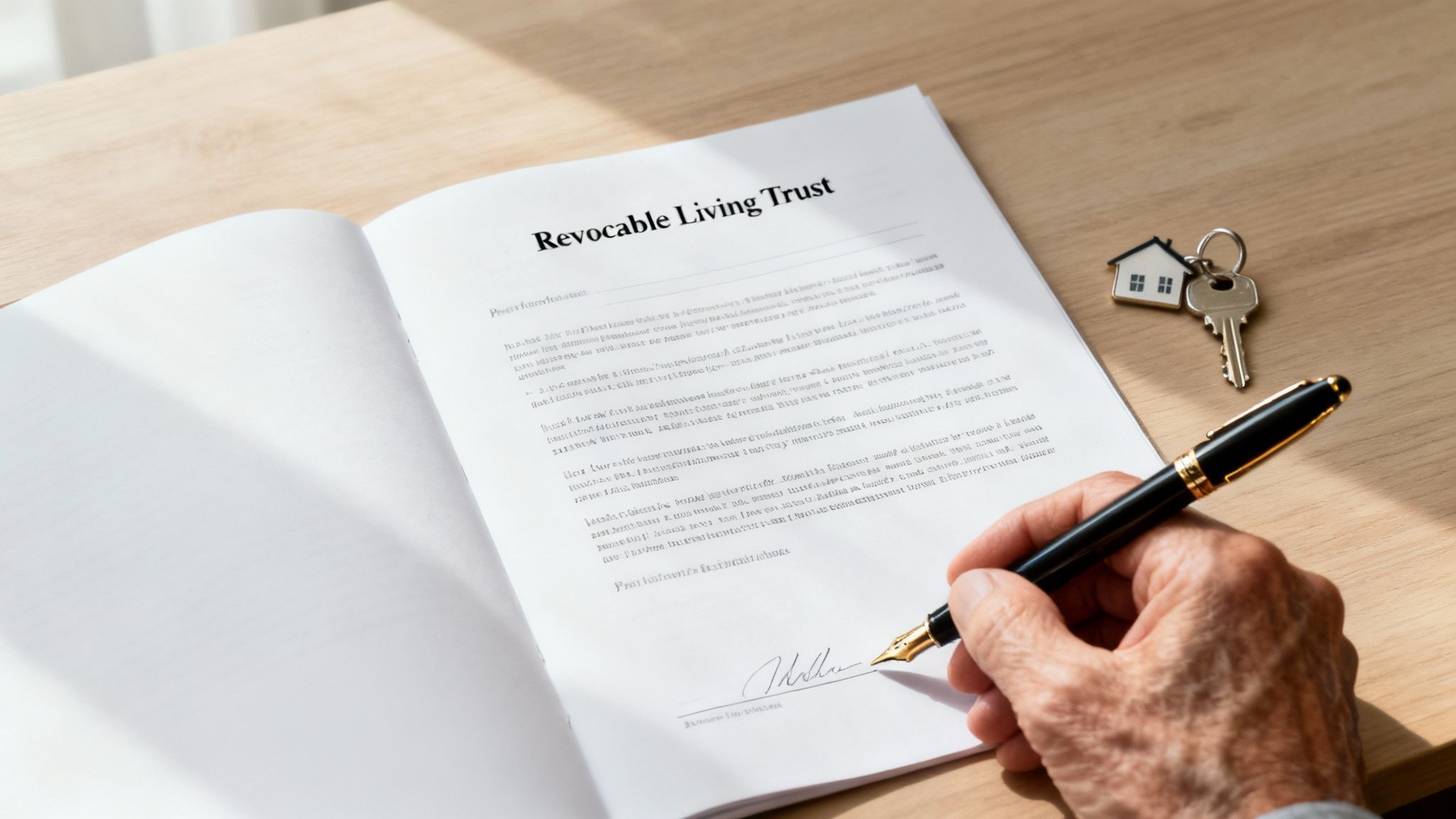 Revocable living trust document on a wooden table, with a hand holding a pen poised to sign, and house keys nearby, symbolizing estate planning and asset management.