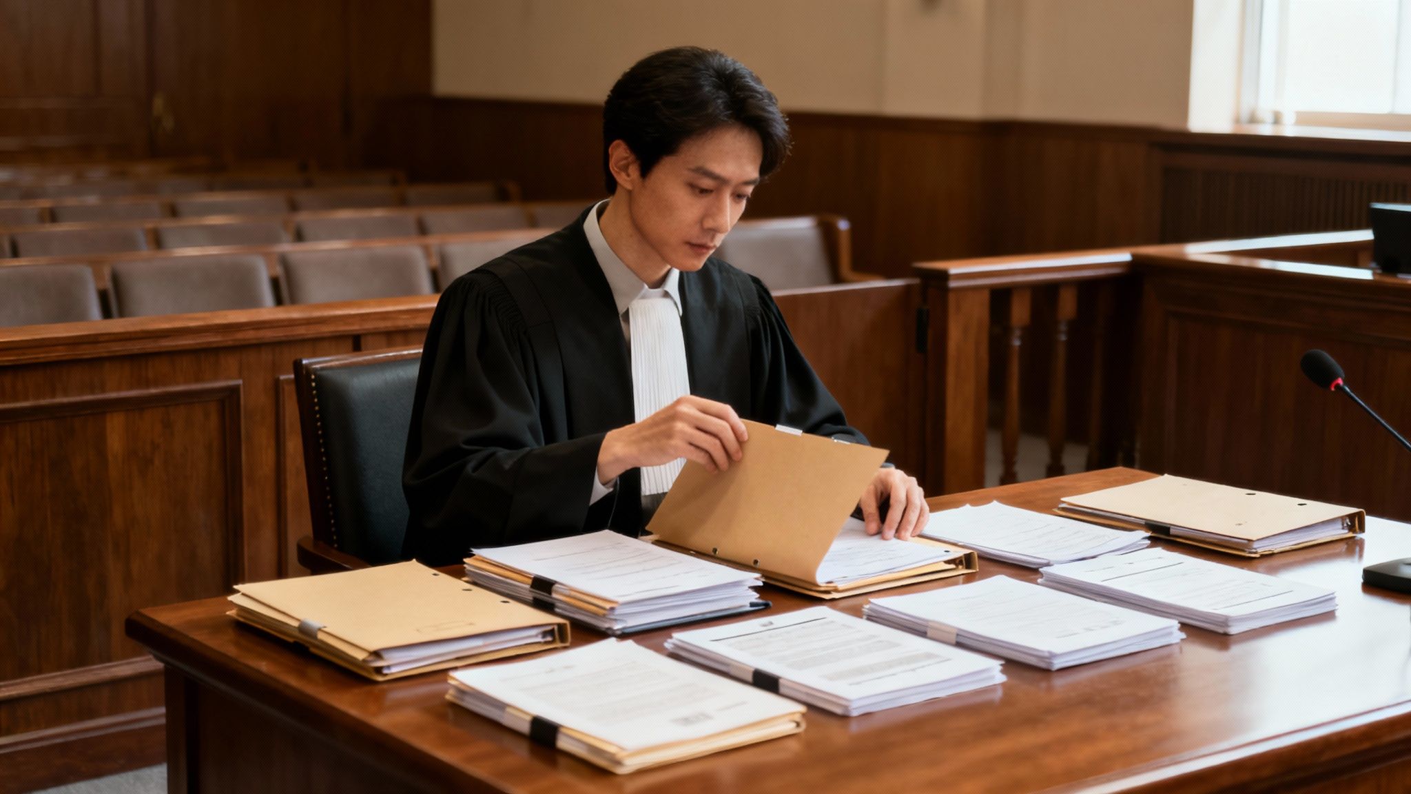 A parent and lawyer sit at a table in a courthouse, reviewing documents and preparing for a protective order hearing in Texas.