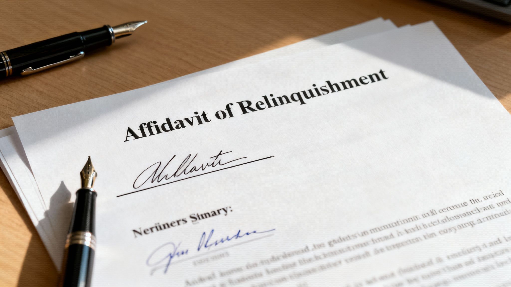 A formal document titled 'Affidavit of Relinquishment' with signatures and a fountain pen on a wooden desk.