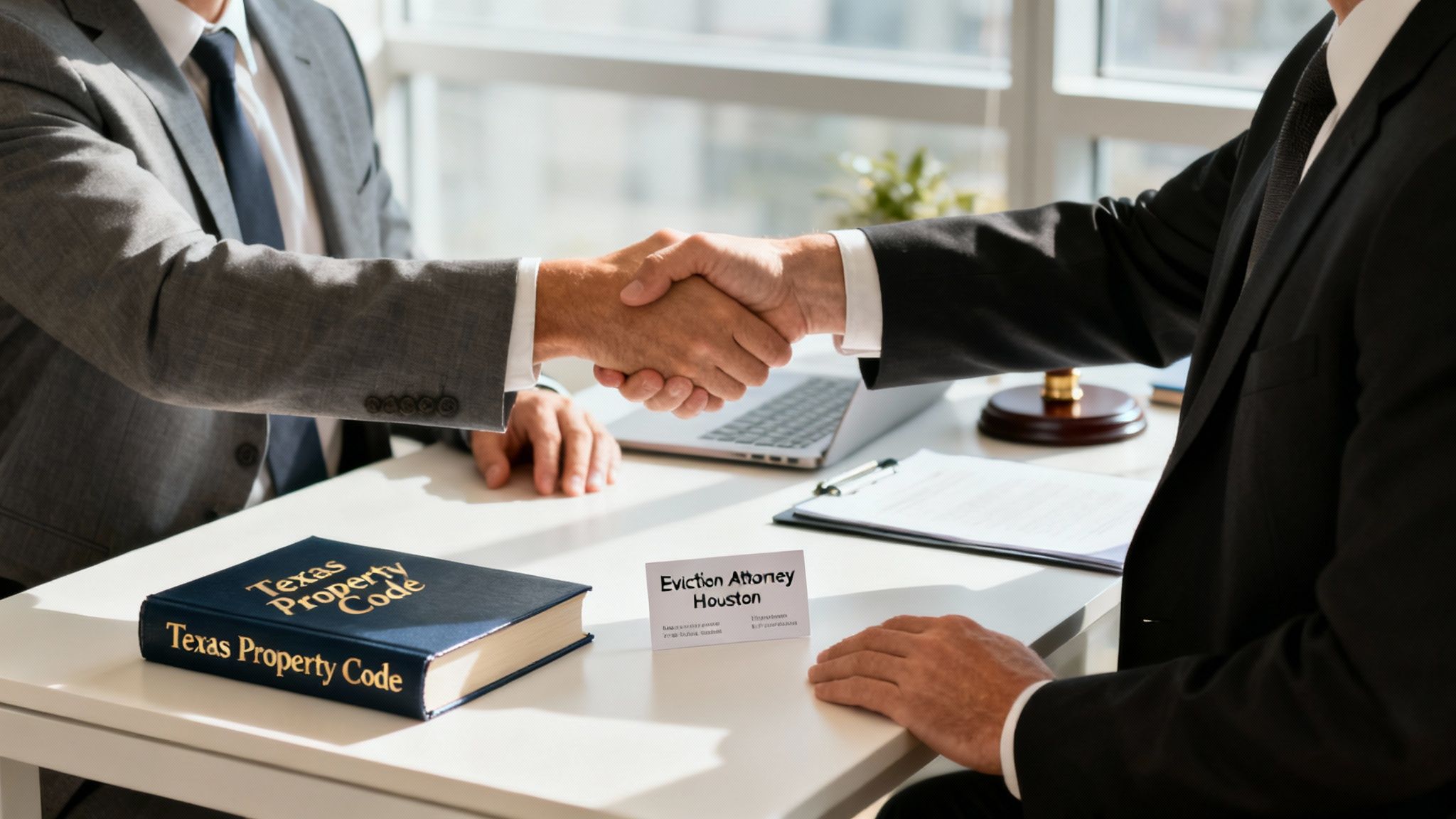 Lawyers shaking hands over a table with a "Texas Property Code" book and a business card for "Eviction Attorney Houston," symbolizing legal partnership in eviction cases.