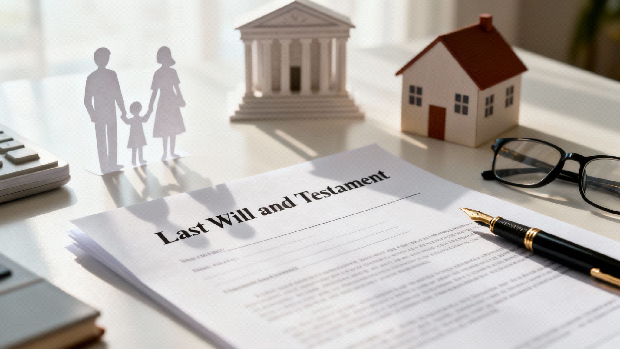 Paperwork for a Last Will and Testament with a family silhouette, a miniature house, and a courthouse model, representing estate planning concepts in Atascocita, Texas.