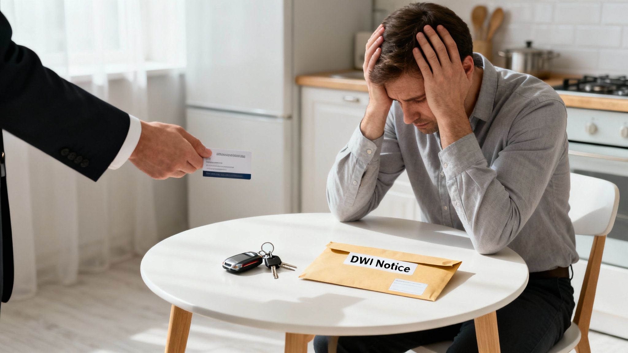 Distressed man with a DWI notice on a table, receiving a card from a person in a suit.