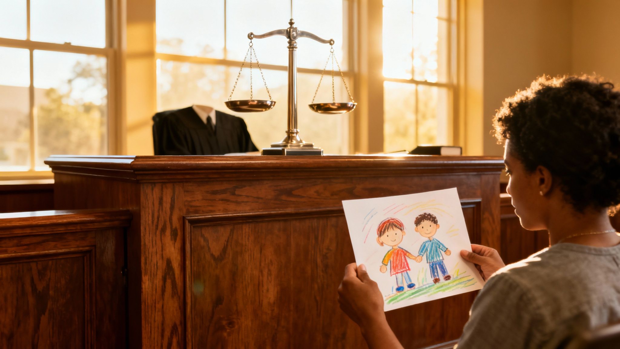 A judge's gavel rests on a law book in a courtroom.