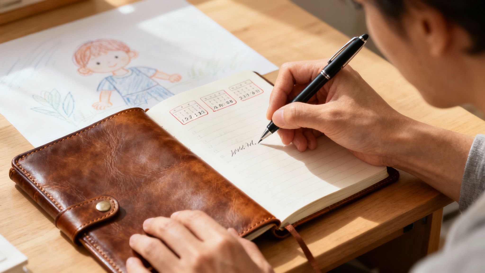 A parent and child looking at a journal together, symbolizing the documentation of events.