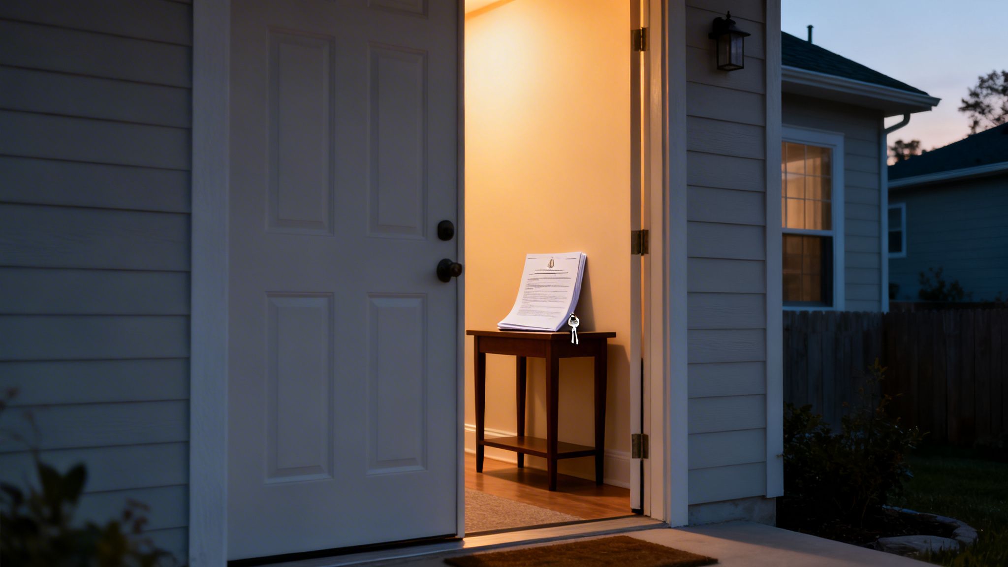 Open front door of a house at dusk with documents and keys on an entryway table.