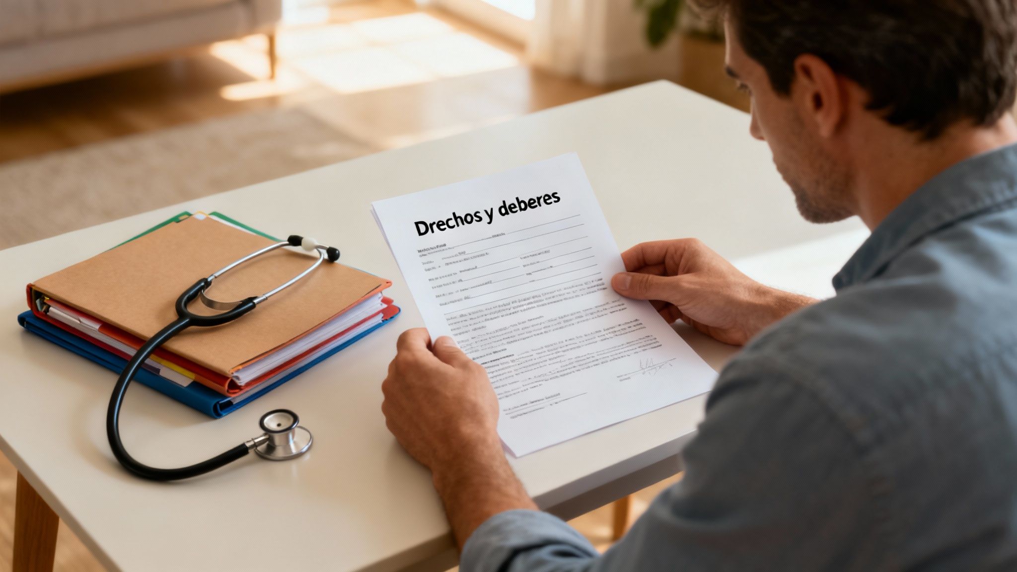 Hombre revisando documento de derechos y deberes sobre mesa con estetoscopio y carpetas médicas