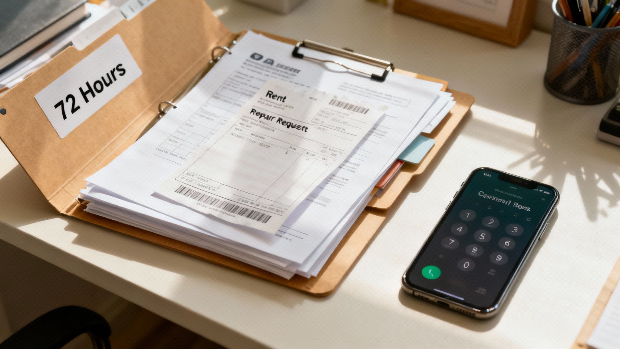Folder labeled "72 Hours" containing eviction-related documents, including a rent receipt and repair request, alongside a smartphone displaying a contact list, emphasizing the urgency of tenant rights and documentation in eviction defense.