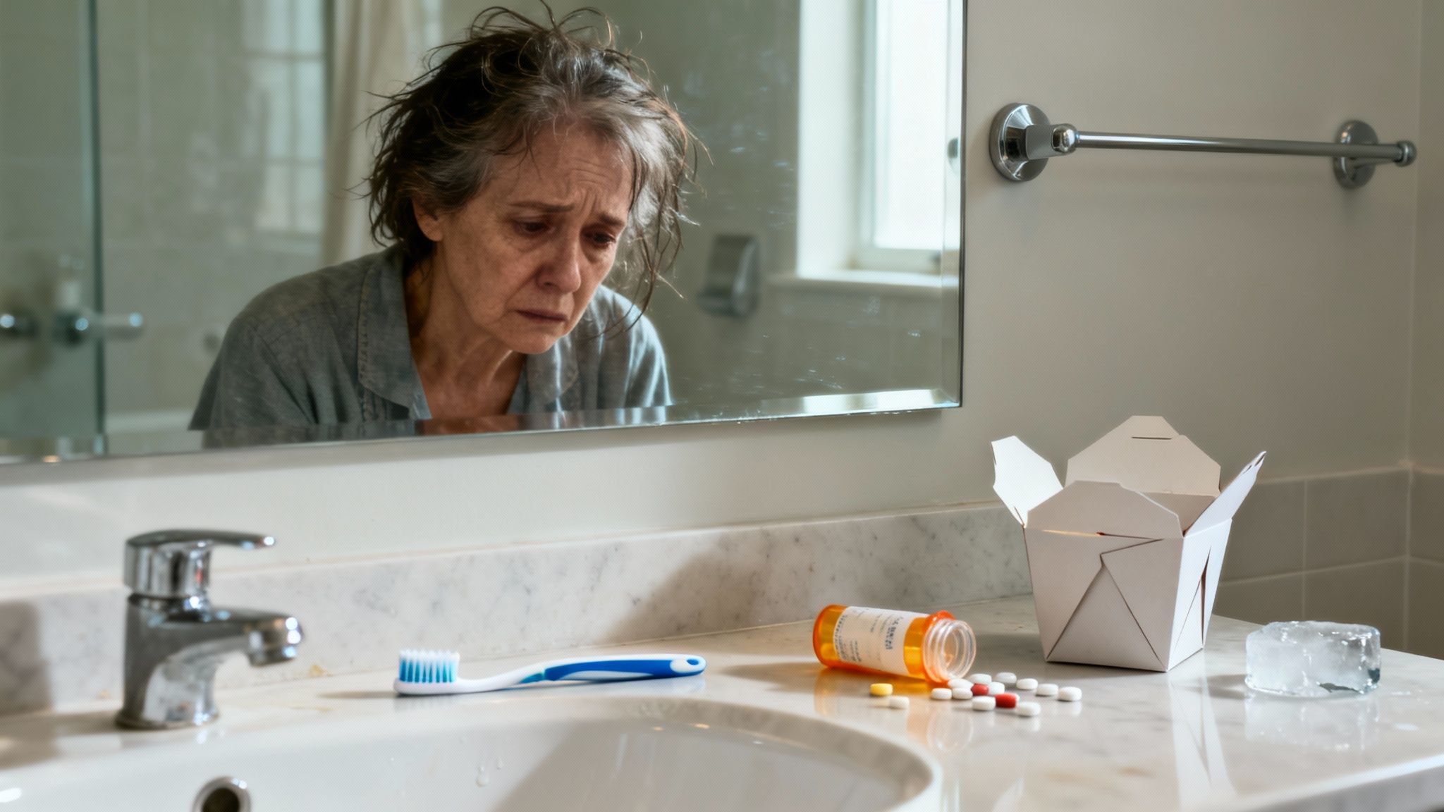 Distraught woman's reflection in a bathroom mirror with spilled pills and a takeout box.