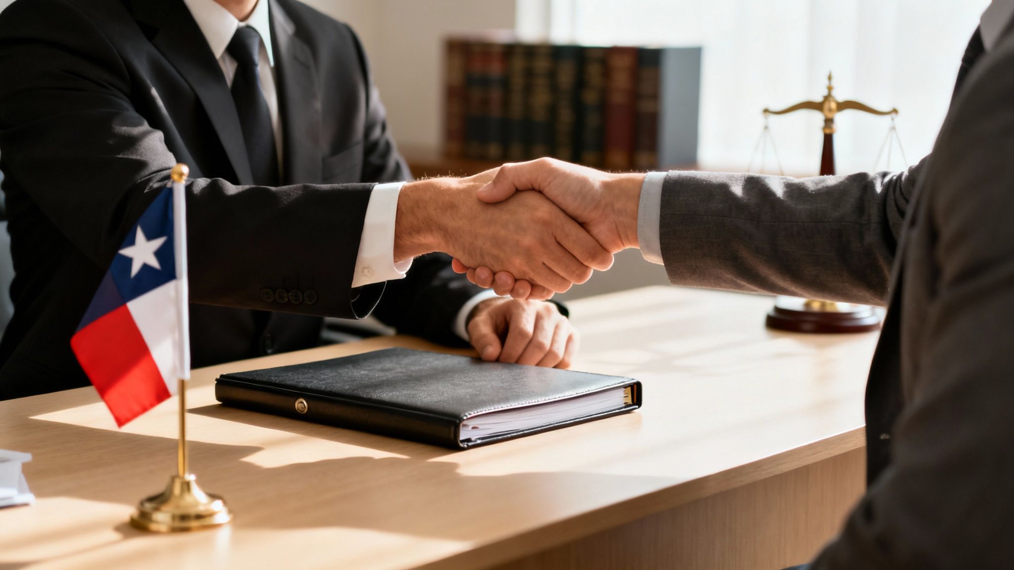 Two professionals in suits shake hands across a desk with a small Chilean flag and legal scales.