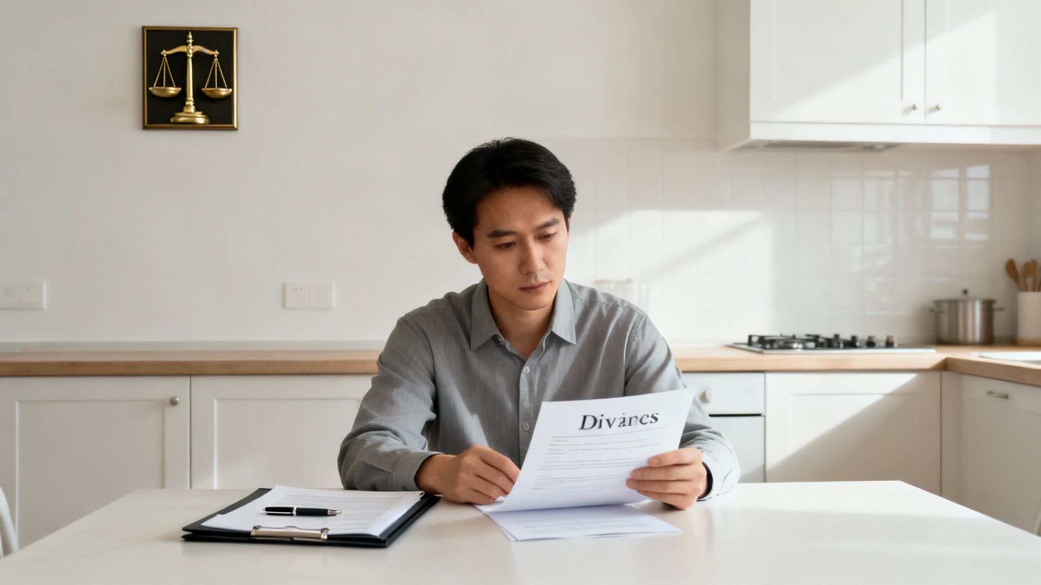 A serious Asian man reads divorce papers at a white table in a modern kitchen.
