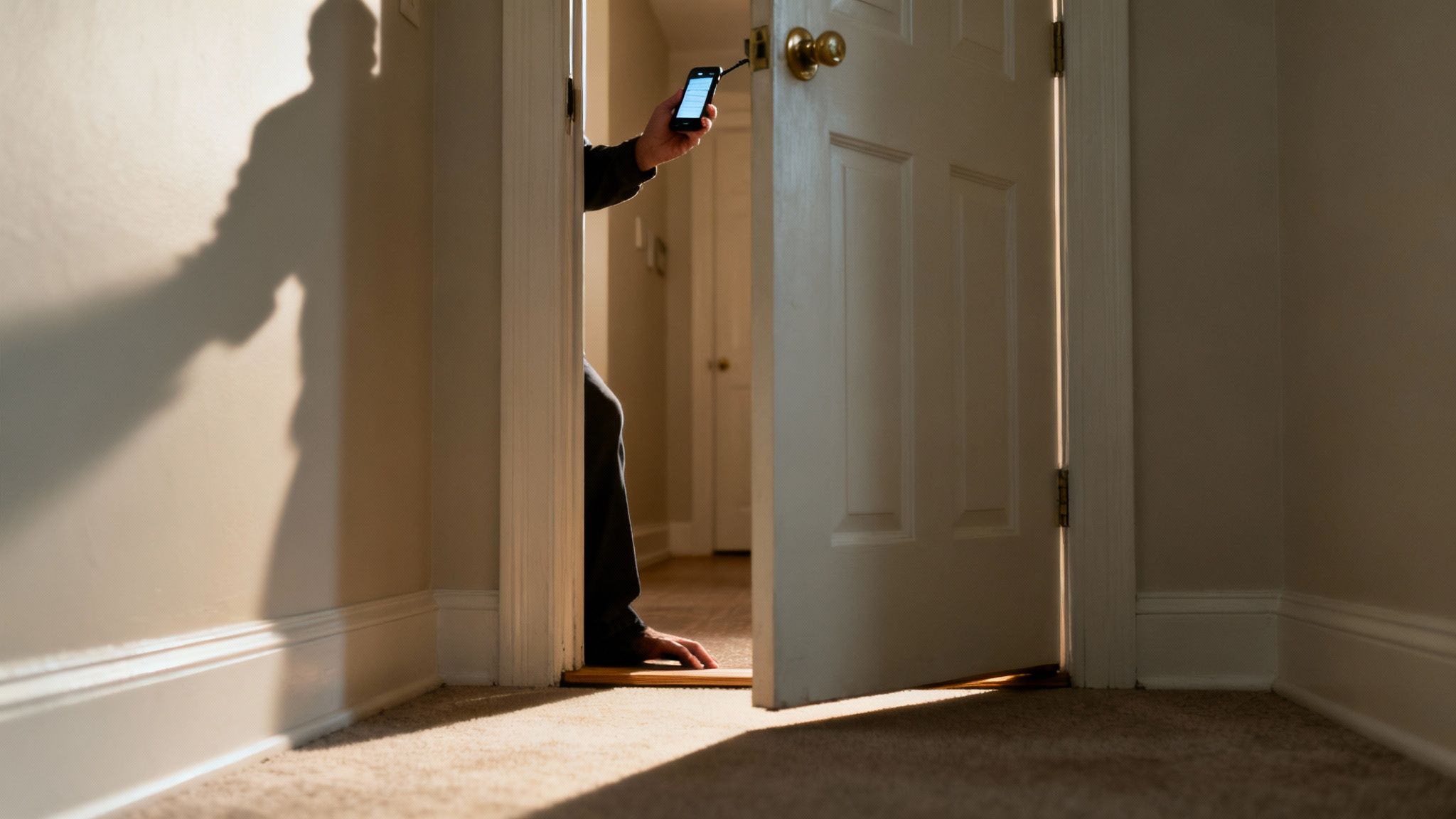 Person holding smartphone near open door, symbolizing tenant communication and potential landlord harassment in a home setting.