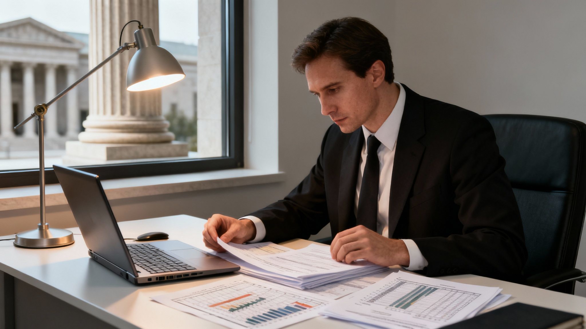 A professional man in a suit reviews legal documents at his desk in an office.