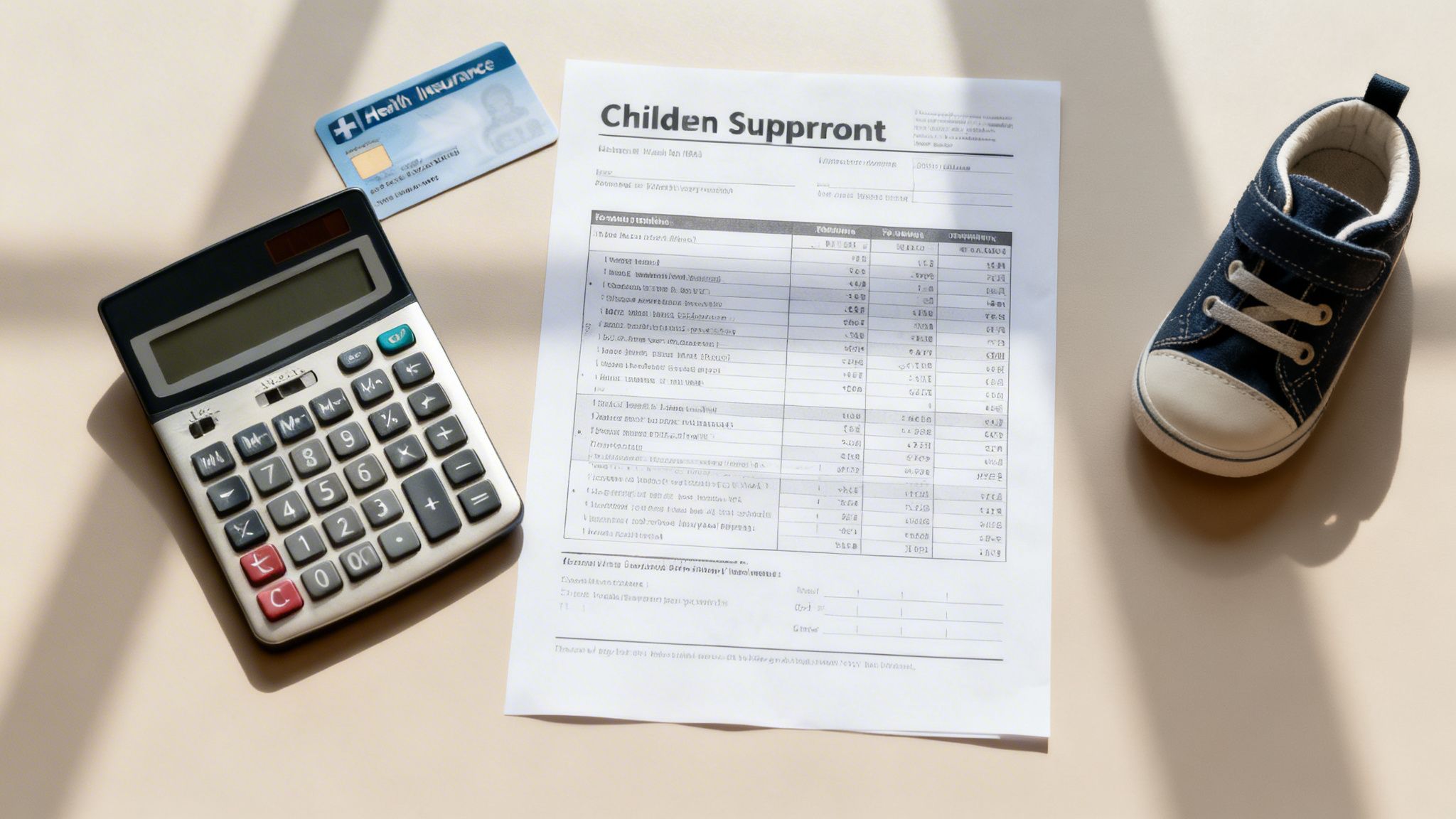 A calculator, a health insurance card, and a child support document next to a small blue shoe.