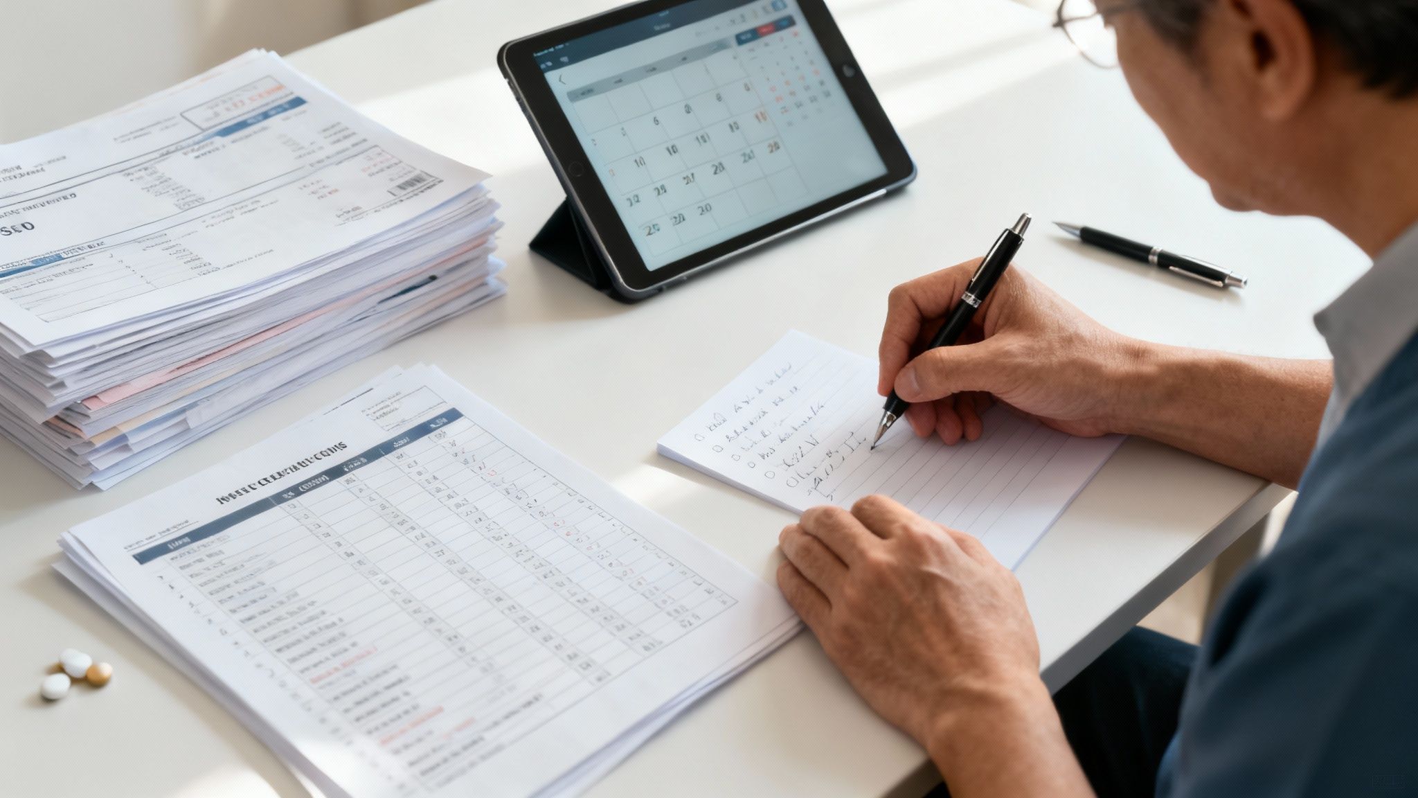 Person managing financial paperwork and healthcare notes for a parent, with documents and a calendar on the table, illustrating the responsibilities of a guardian in Texas.
