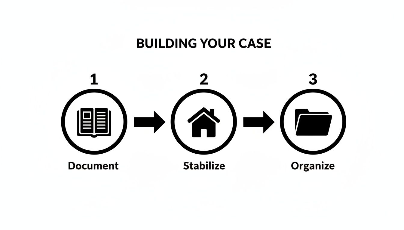 Infographic showing three steps for building a case: 1. Document (book), 2. Stabilize (house), 3. Organize (folder).