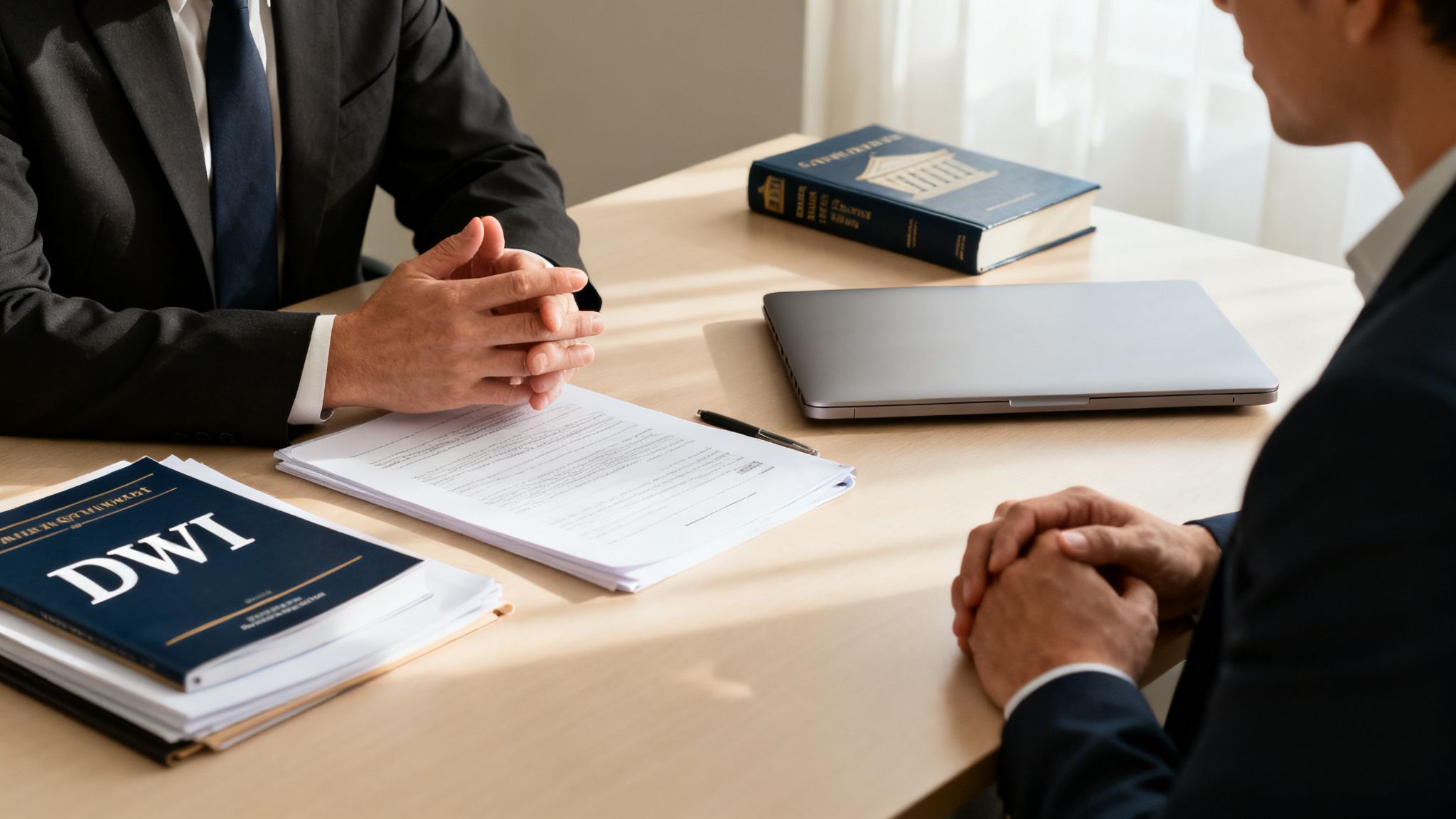 Two men in suits discuss legal documents on a desk, with a 'DWI' book visible.