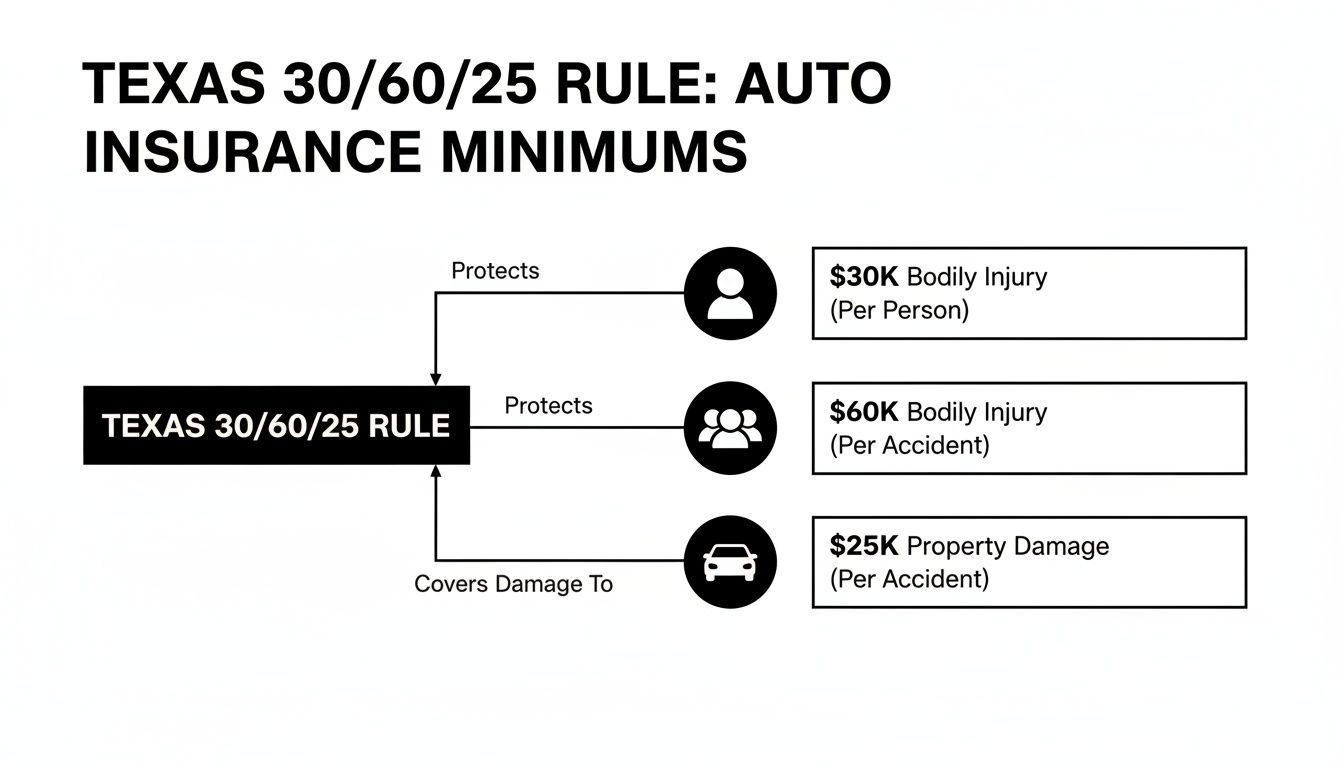 Infographic explaining the Texas 30/60/25 rule for auto insurance minimums, detailing bodily injury and property damage limits.