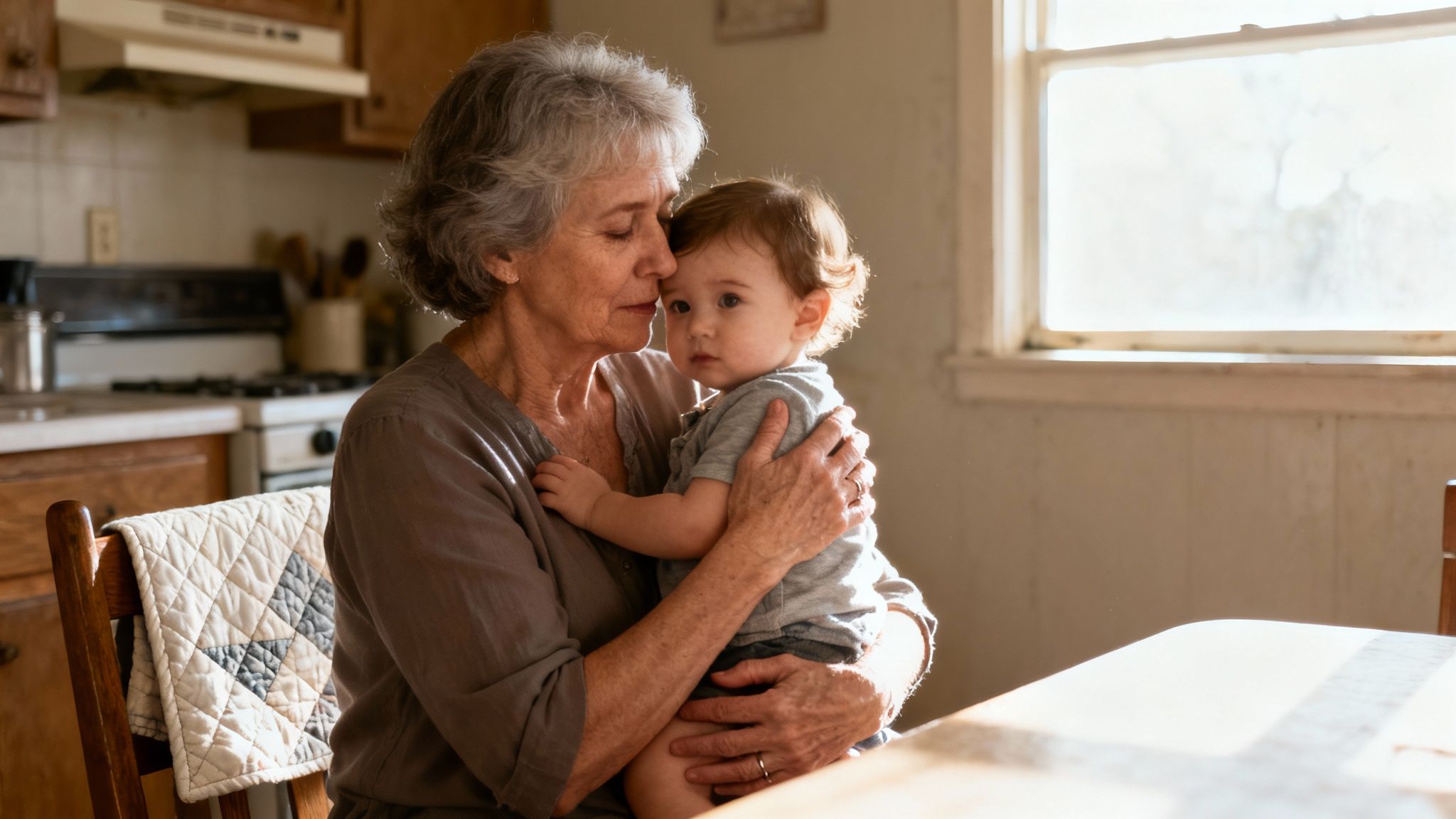 A grandmother hugging her grandchild, representing the emotional support in kinship care.