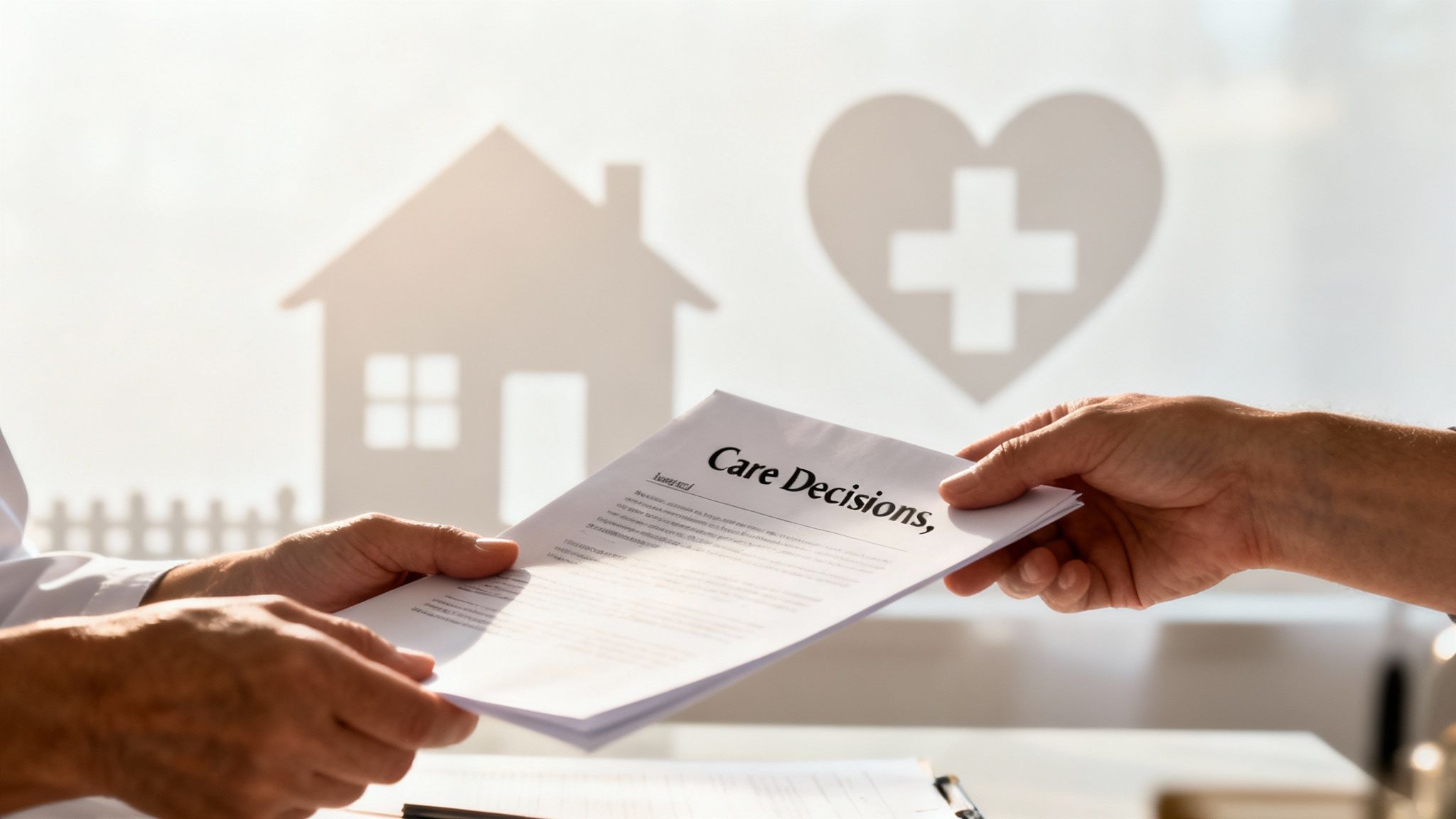 Hands exchanging a document titled "Care Decisions," with a background featuring a house and a medical cross, symbolizing legal and health care planning for loved ones in Texas.