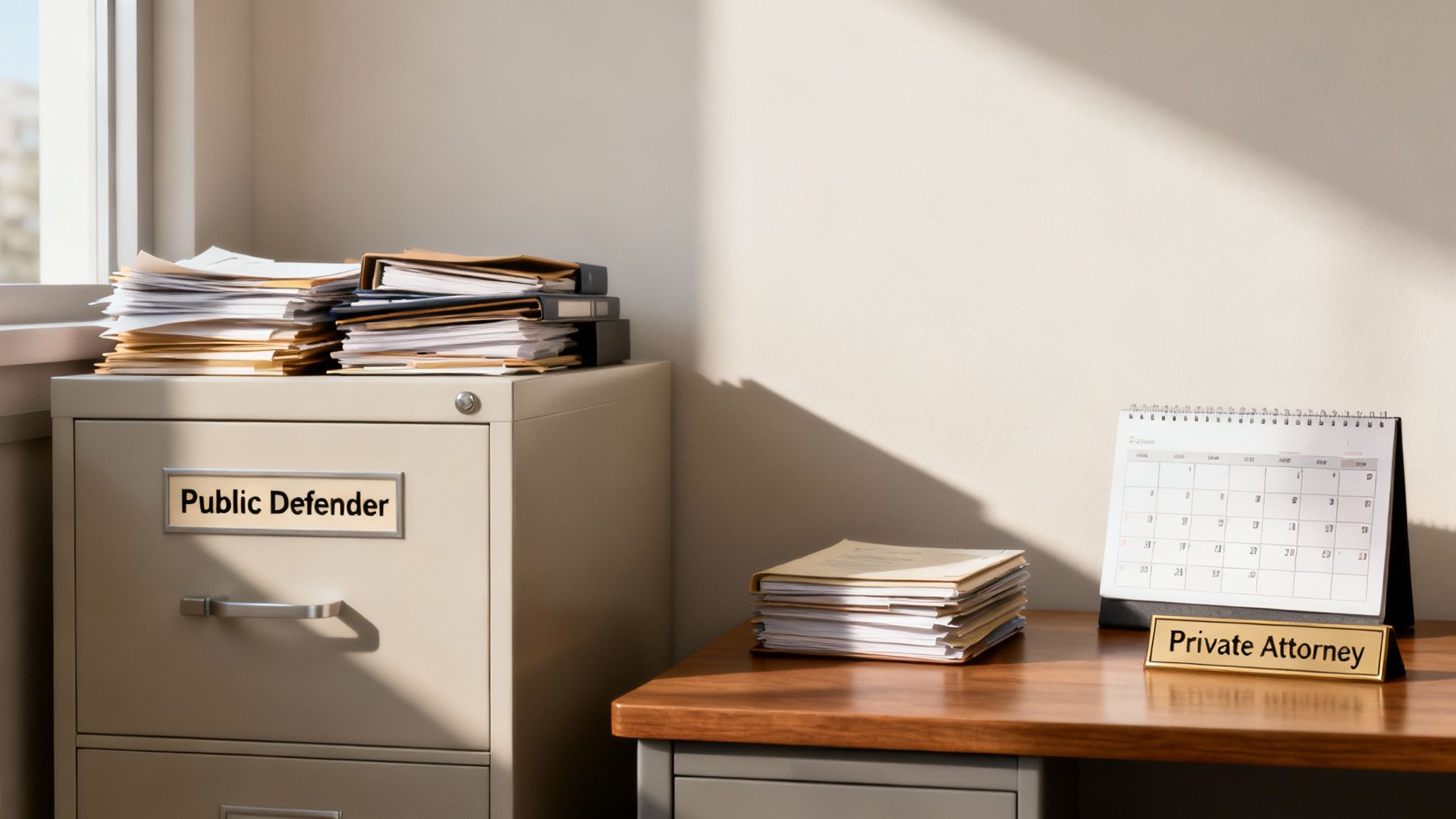A lawyer sitting at a desk, looking over case files with focused attention.