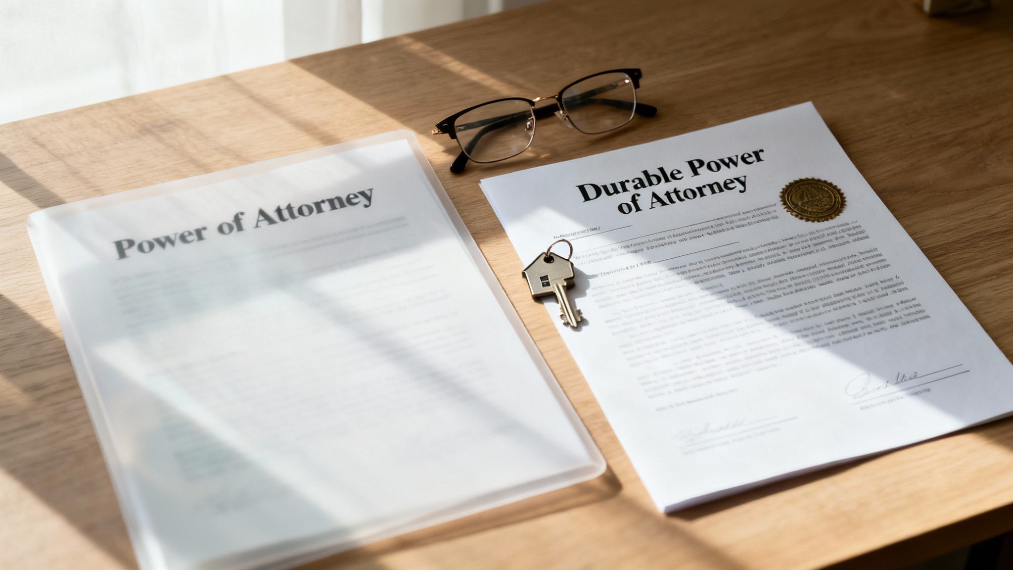 Power of Attorney and Durable Power of Attorney documents on a wooden desk with eyeglasses and a house key.