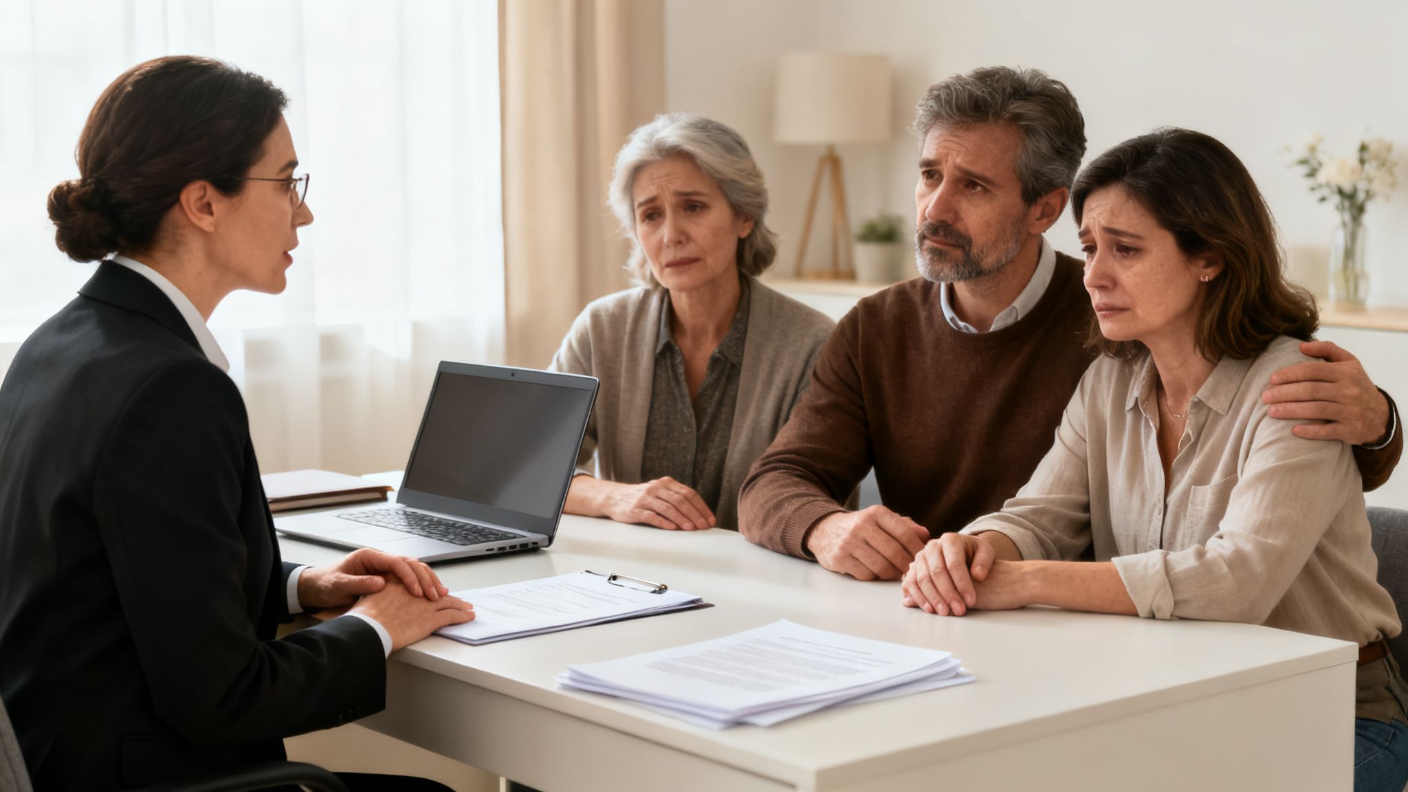A lawyer consults with a visibly grieving family, including two crying women and a man.