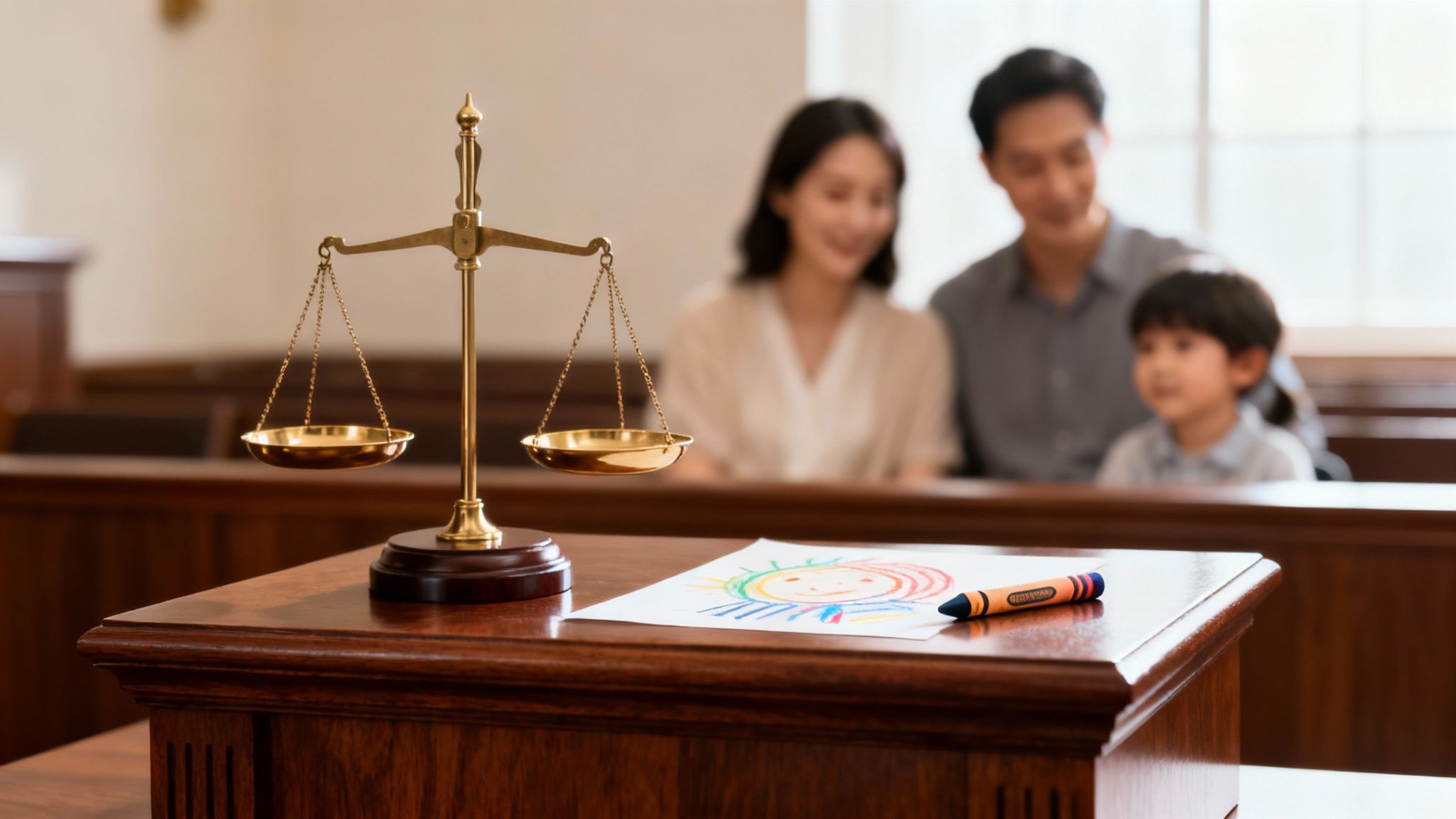 Golden scales of justice and a child's drawing on a court desk with a family in the background.
