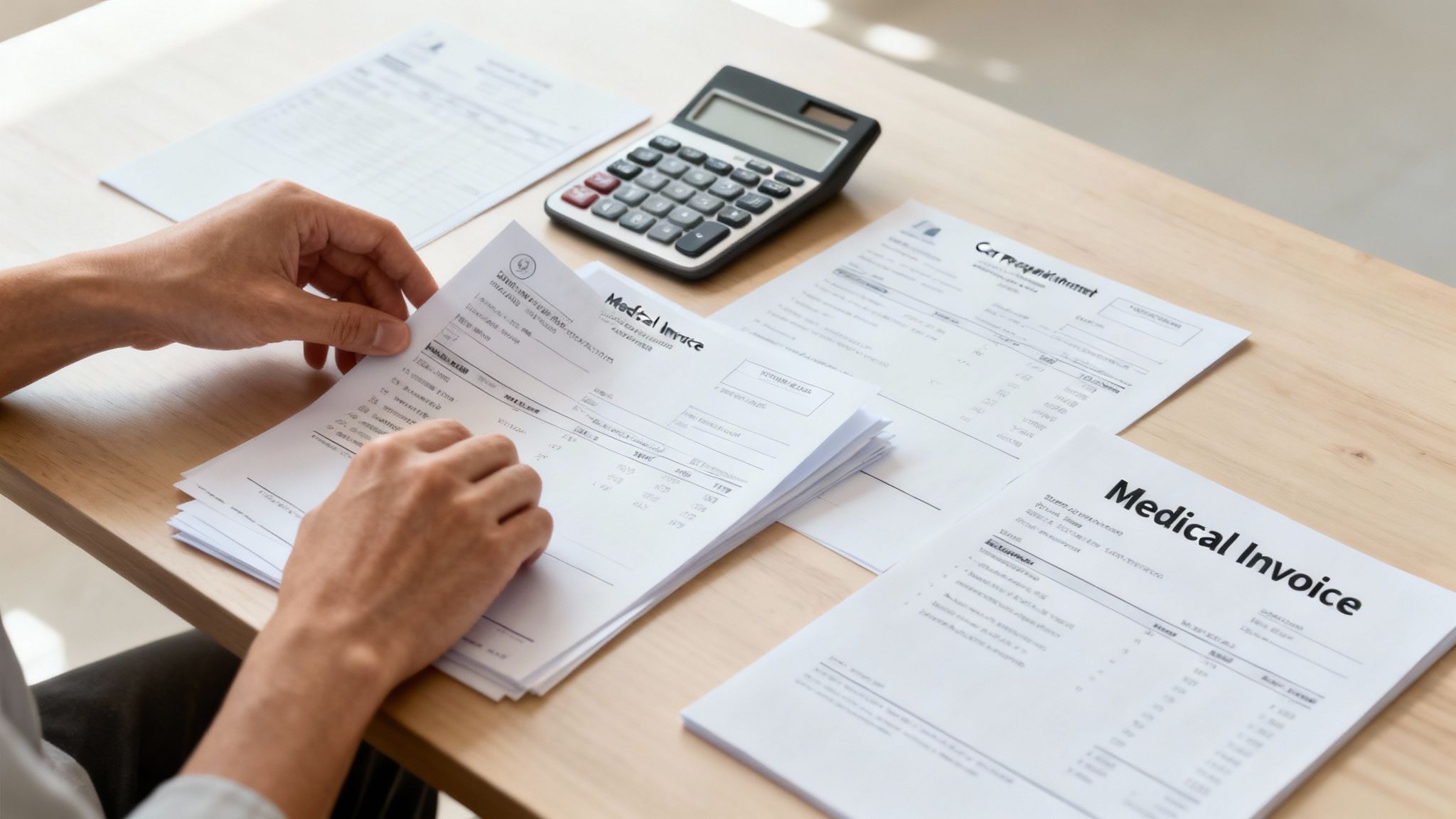 Person reviewing medical invoices and car repairment bills with calculator on desk
