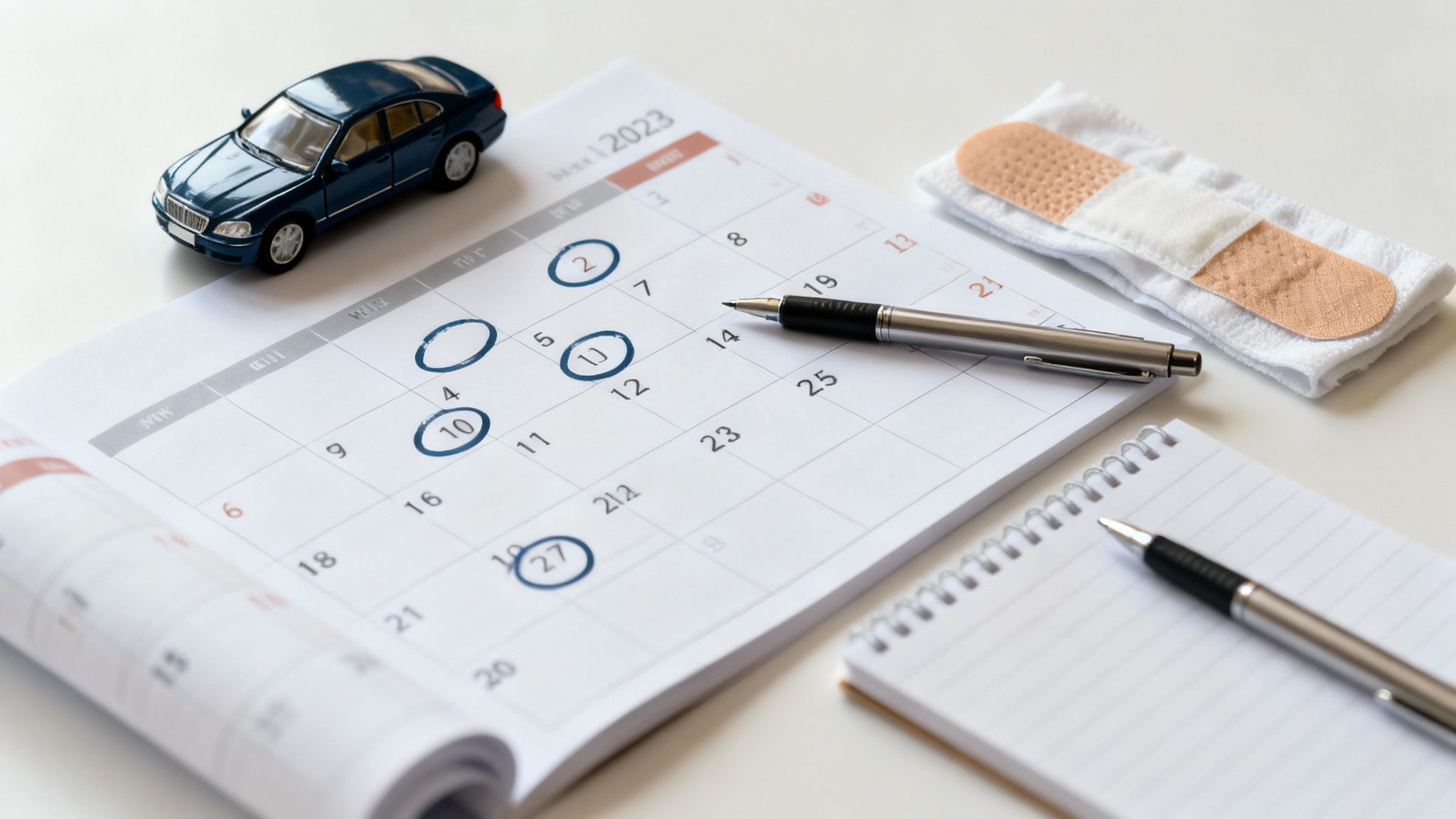 A calendar showing January 2023 with circled dates, a toy car, a pen, and bandages.