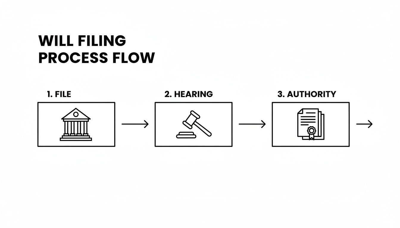 A flowchart illustrating the will filing process, showing steps: file, hearing, and authority.