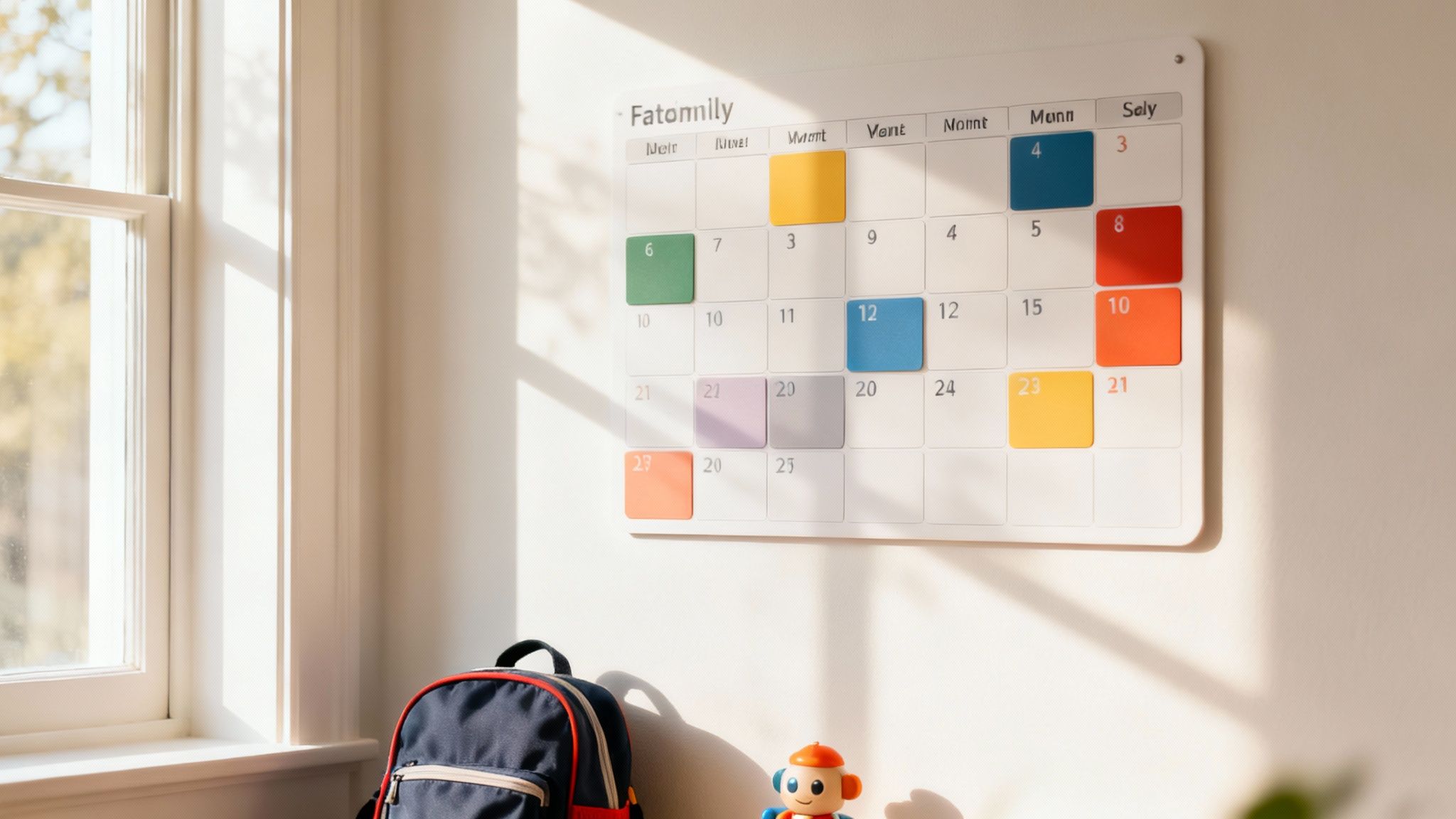 A brightly lit room with a magnetic calendar on the wall, showing colorful date markers.