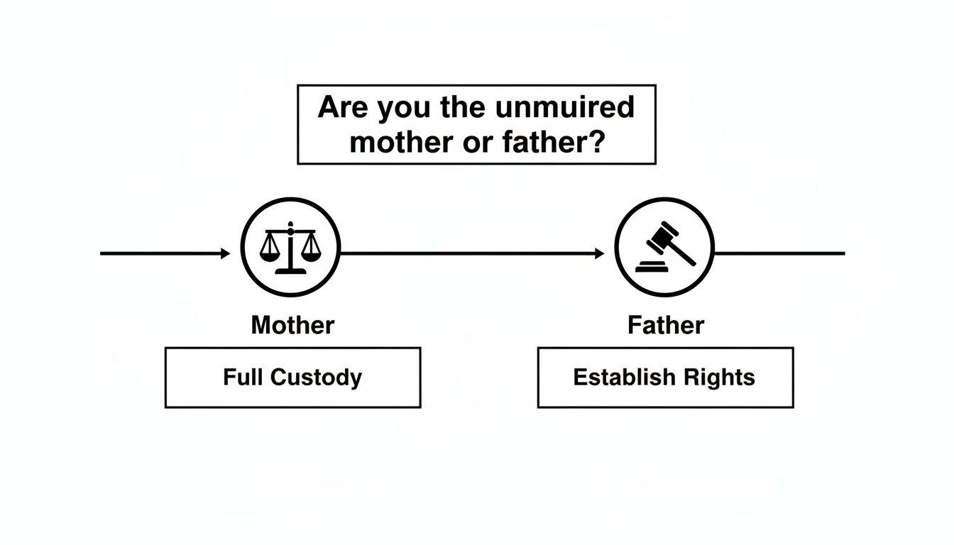 Flowchart illustrating child custody paths for unmarried parents in Texas, showing mother with full custody and father needing to establish rights.